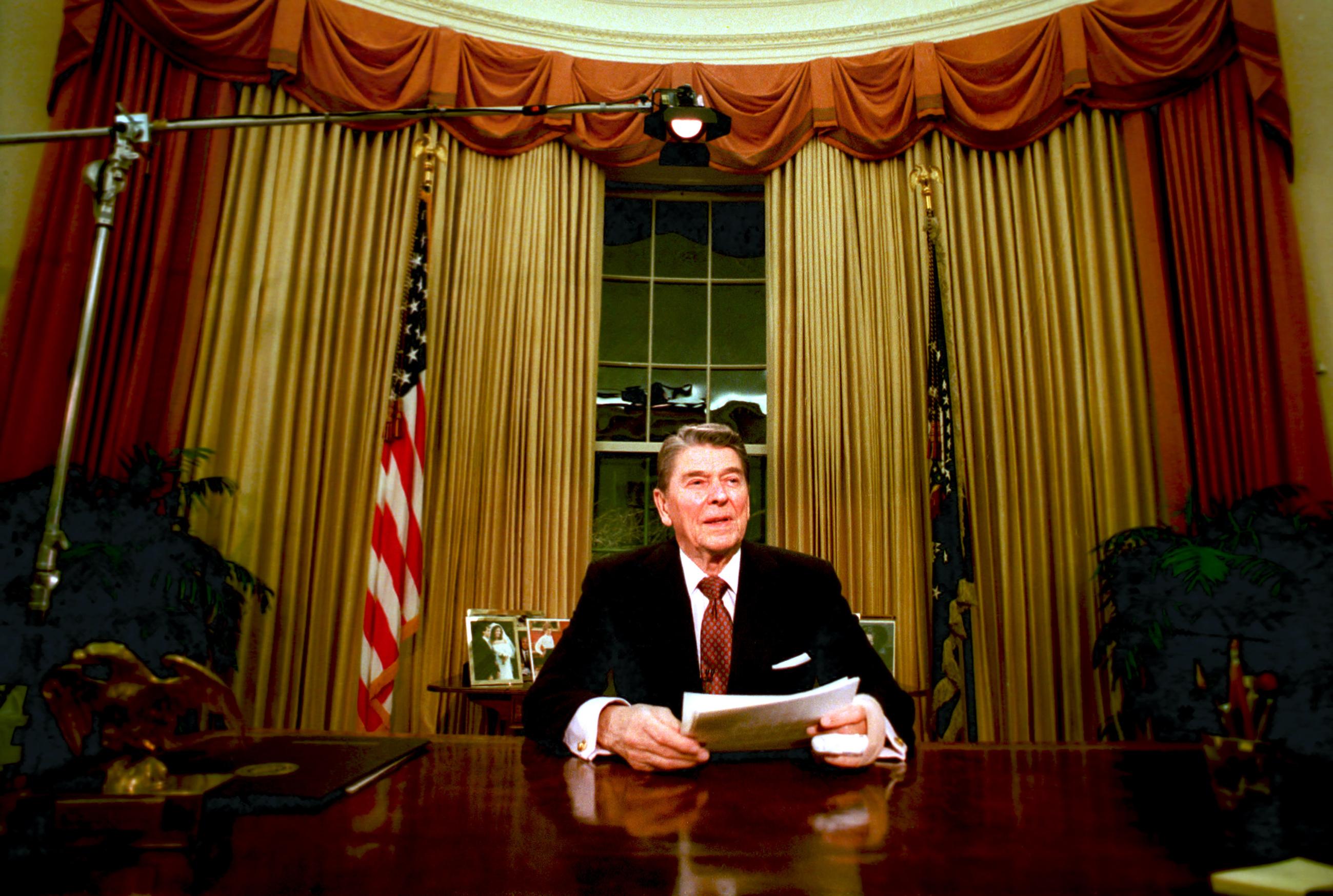 Departing President Reagan is seen shortly after he delivered his farewell address to the nation at the Oval Office in the White House in January 1989. (AP Photo/Ron Edmonds)