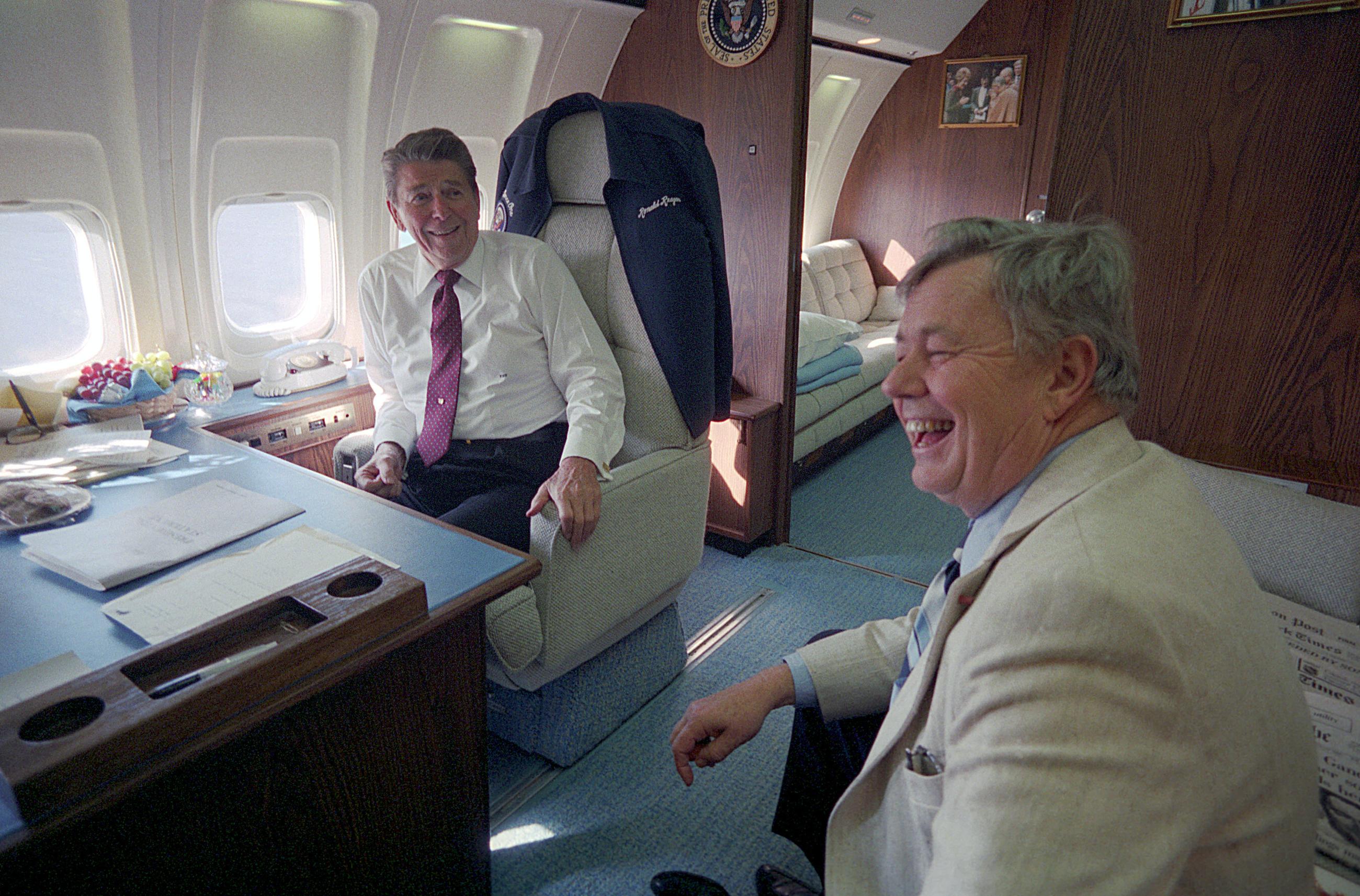 President Reagan and Stu Spencer aboard Air Force One in November 1984