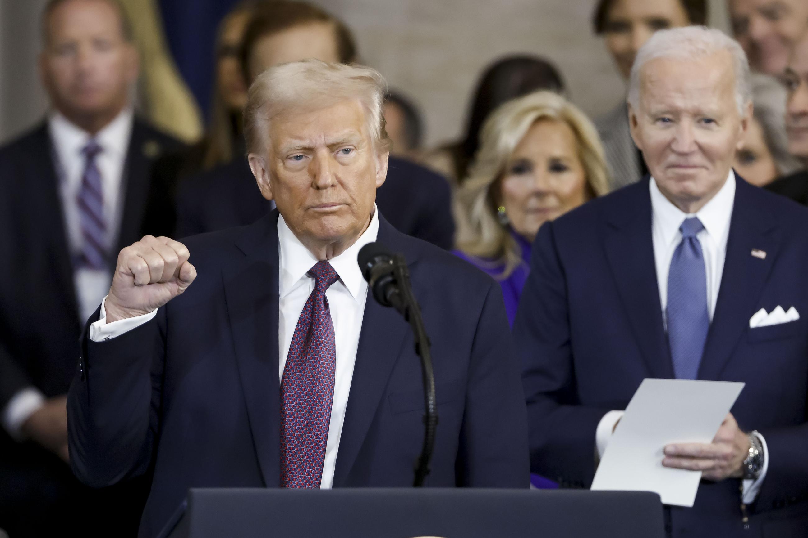 President Trump wraps up his speech during the 60th Presidential Inauguration in the Rotunda of the U.S. Capitol Monday, as outgoing President Joe Biden looks on. (Shawn Thew/Pool photo via AP)