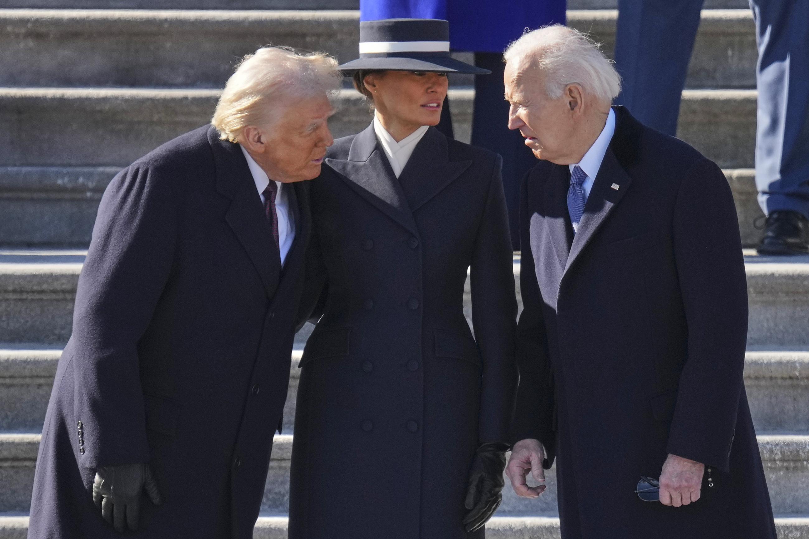 President Trump and first lady Melania Trump speak with former President Biden after the 60th Presidential Inauguration on Jan. 20. (Chris Kleponis/Pool Photo via AP)