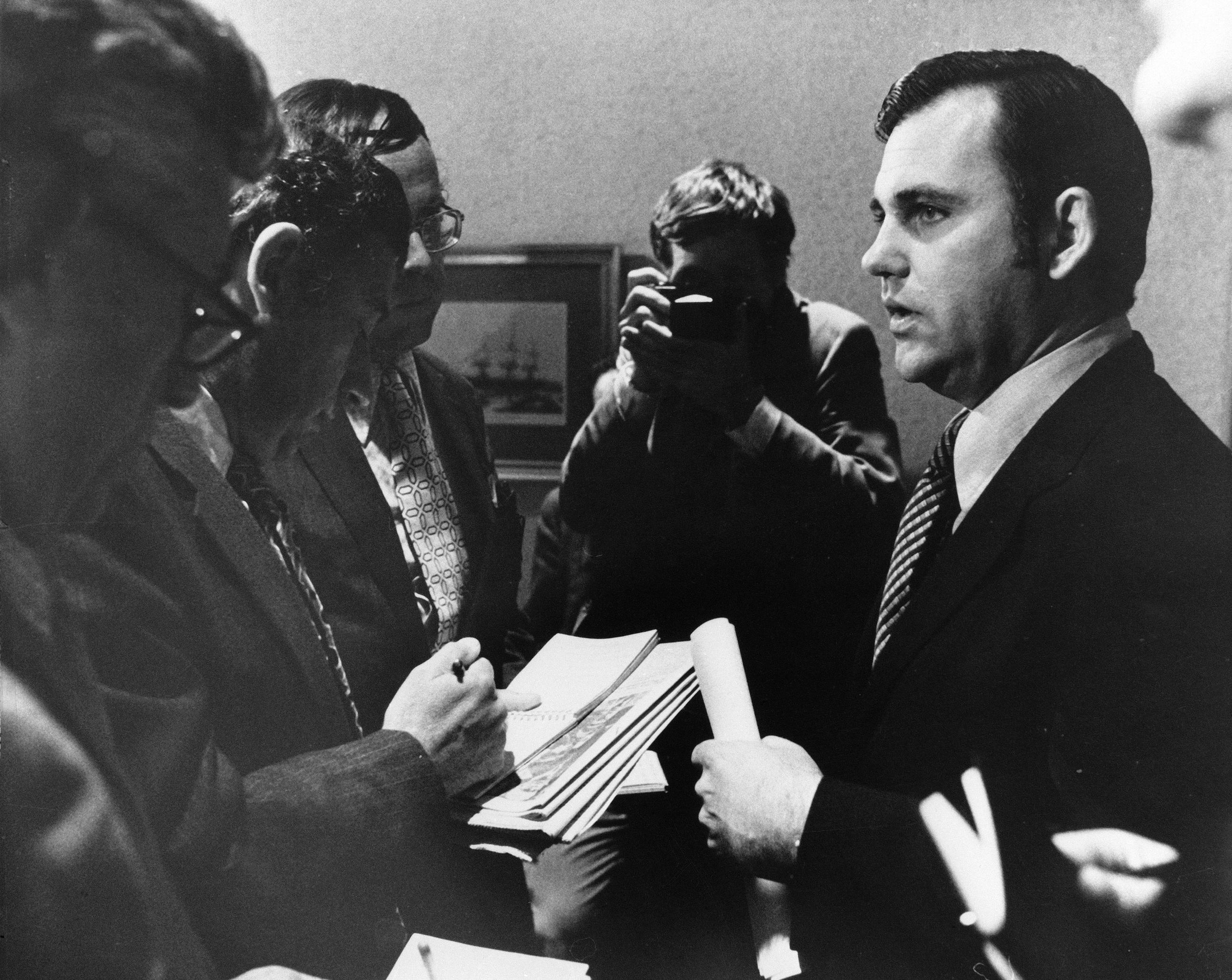 Presidential Press secretary, Ron Ziegler talks with newsmen Monday April 30, 1973 at the White House where he announced the President's descision to accept the resignations of Att. Gen. Richard G. Kleindienst and White House aides HR Haldeman and John D. Erlichman in a shakeup stemming from the Watergate affair. He also announced the firing of White Hourse counsel John Dean III. (AP Photo)