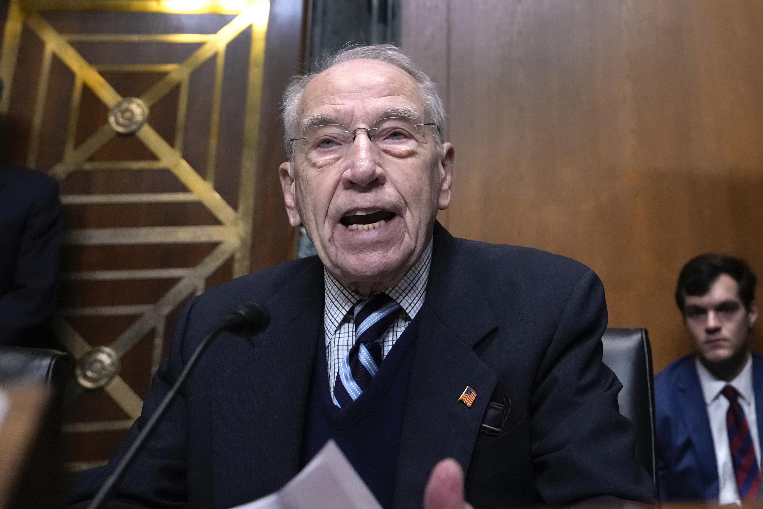 Sen. Chuck Grassley, R-Iowa, speaks at the Senate Finance Committee confirmation hearing for Scott Bessent, President-elect Donald Trump's choice to be Secretary of the Treasury, at the Capitol in Washington, Thursday, Jan. 16, 2025. (AP Photo/Ben Curtis)