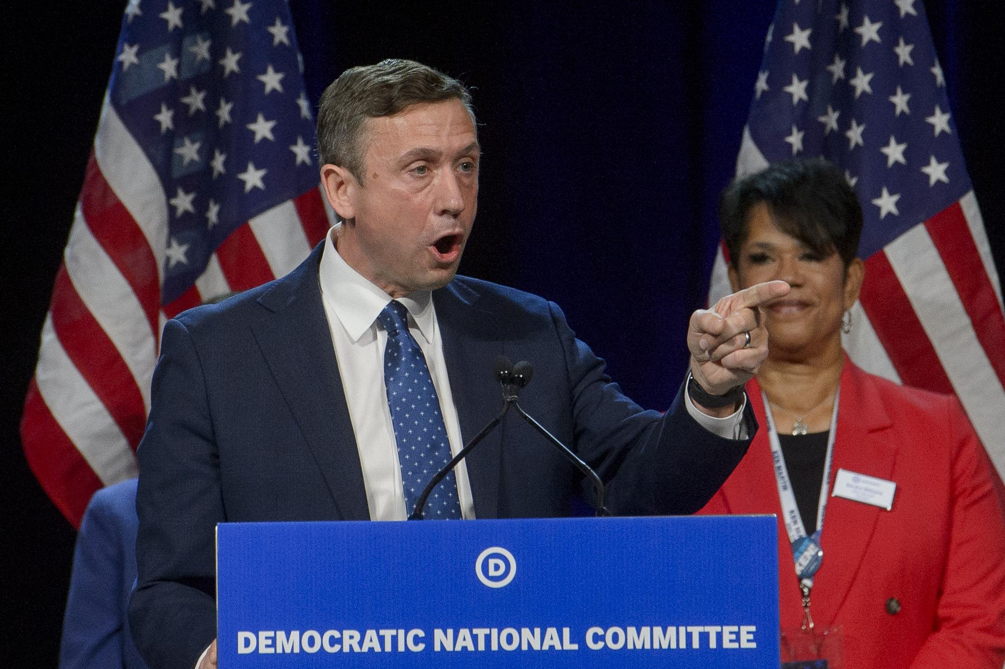 DNC chair candidate Ken Martin speaks at the Democratic National Committee Winter Meeting at the Gaylord National Resort and Convention Center in National Harbor, Md., Saturday, Feb. 1, 2025. (AP Photo/Rod Lamkey, Jr.)