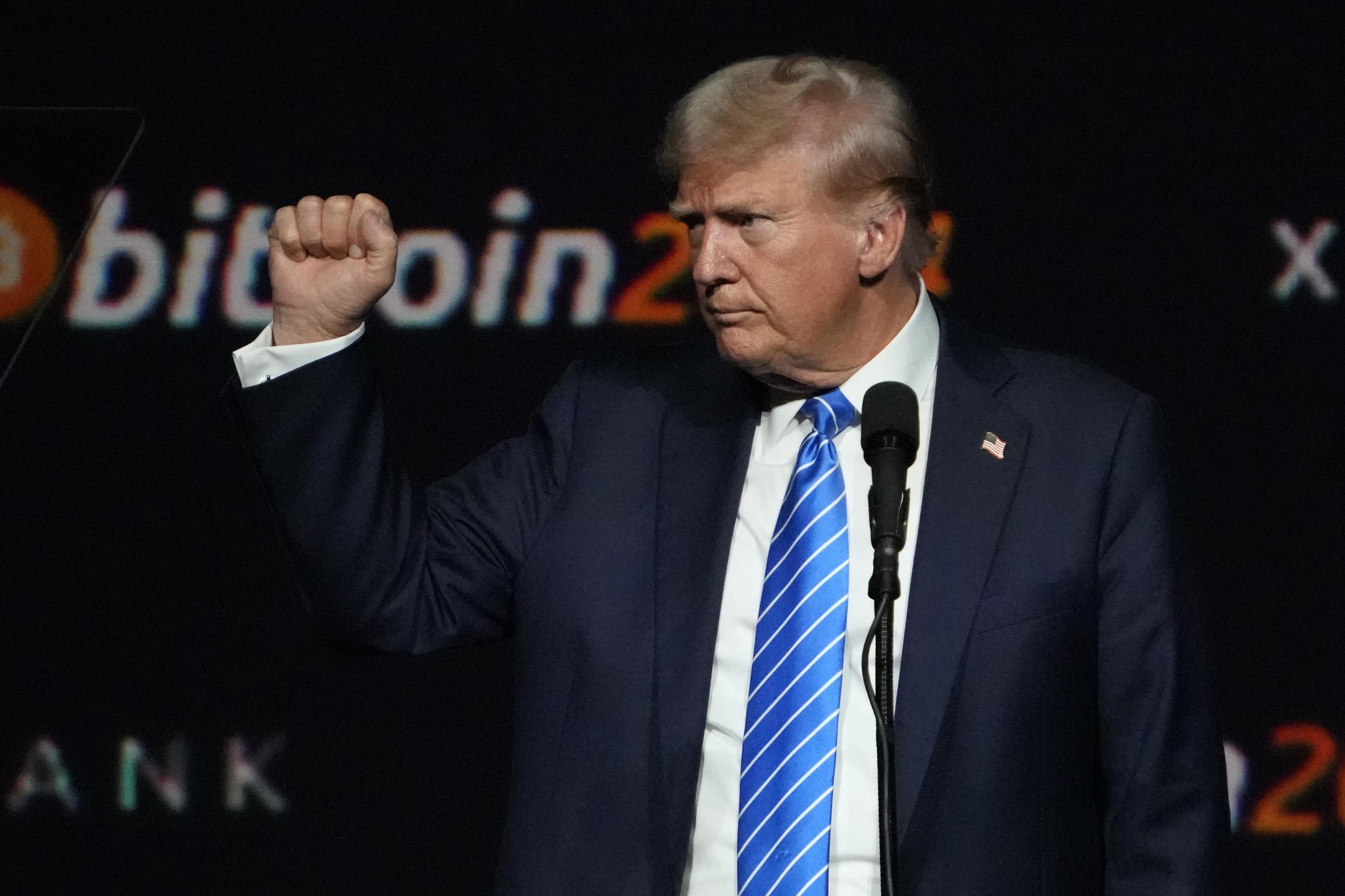 Donald Trump speaks at the Bitcoin 2024 Conference in Nashville in July. (AP Photo/Mark Humphrey)