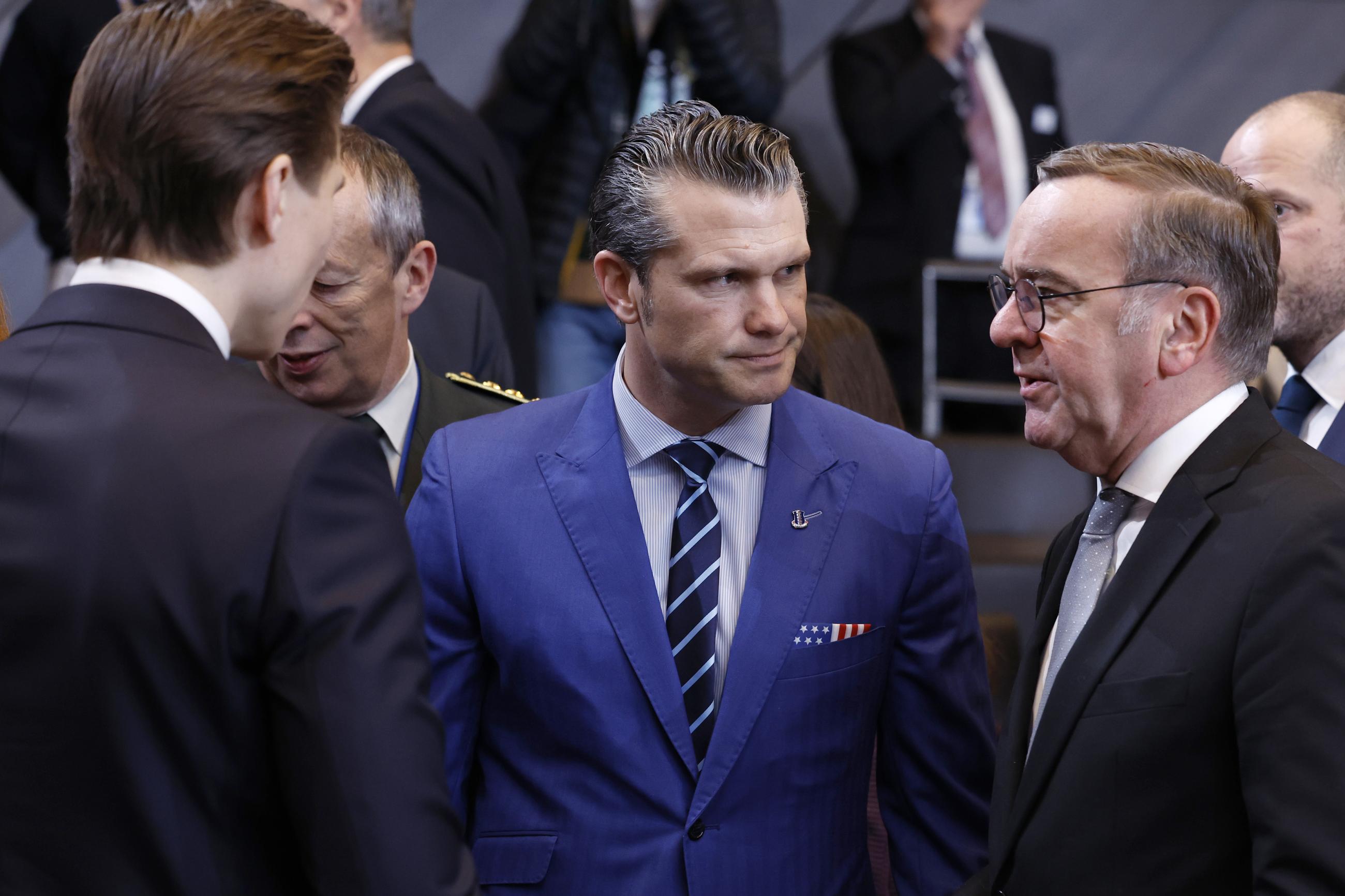Defense Pete Hegseth speaks with German Defence Minister Boris Pistorius during a meeting at NATO headquarters in Brussels on Feb. 13. (AP Photo/Geert Vanden Wijngaert)