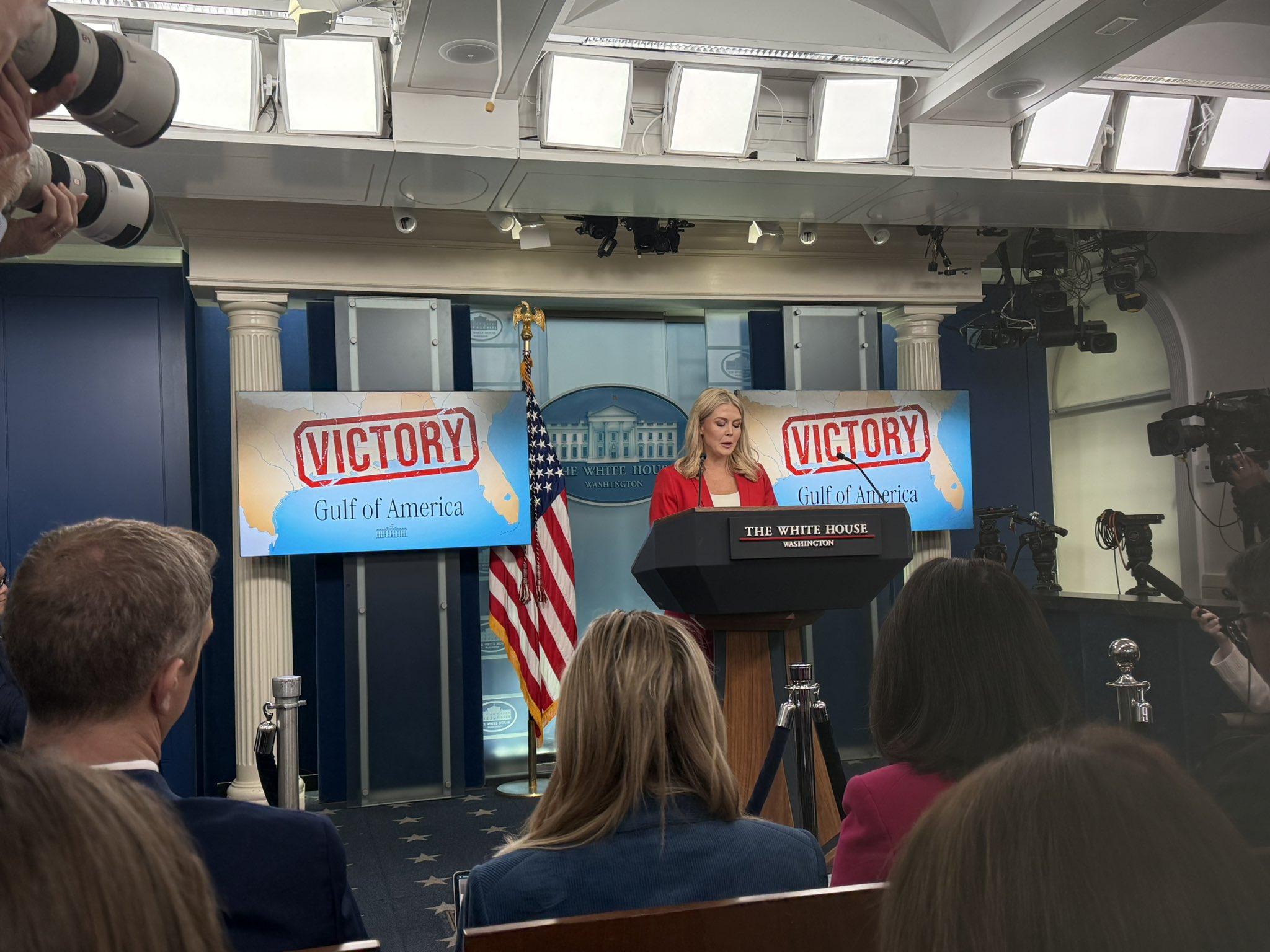 Press secretary Karoline Leavitt addresses the briefing room Tuesday.