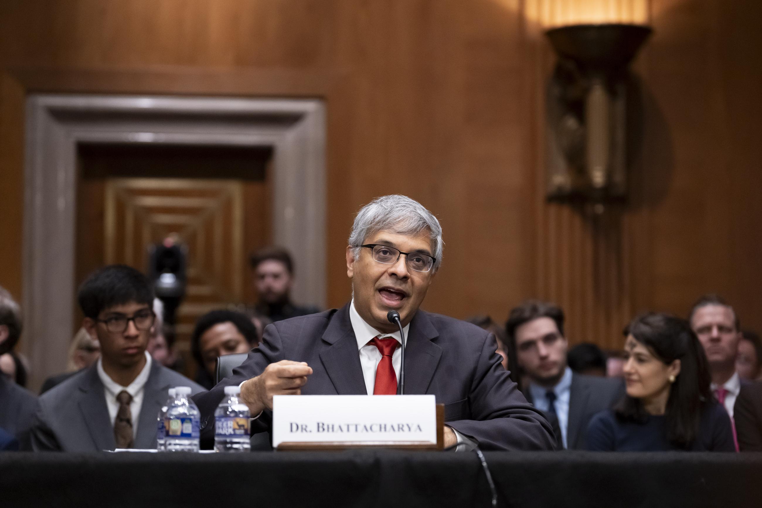 Jay Bhattacharya, President Trump's choice to be director of the National Institutes of Health, appears before the Senate Health, Education, Labor, and Pensions Committee for his confirmation hearing Wednesday. (AP Photo/Ben Curtis)