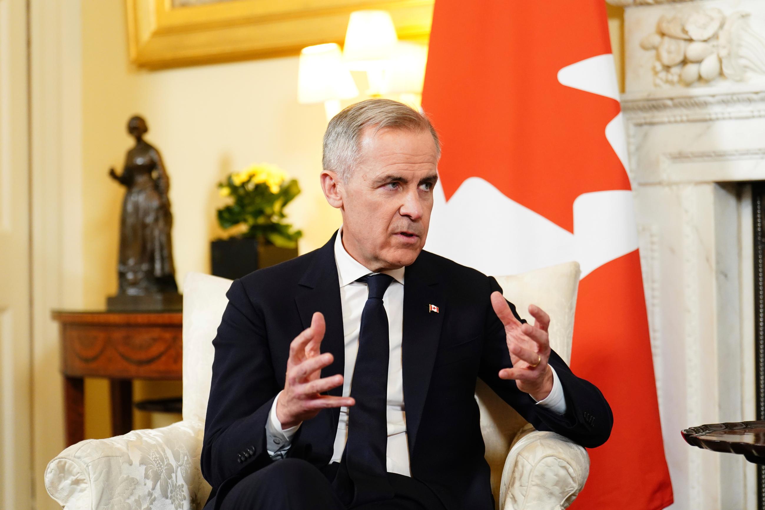 Canada's Prime Minister Mark Carney talks during a meeting with Britain's Prime Minister Sir Keir Starmer in 10 Downing Street, London, England, Monday March 17, 2025. (Jordan Pettitt/PA via AP, Pool)