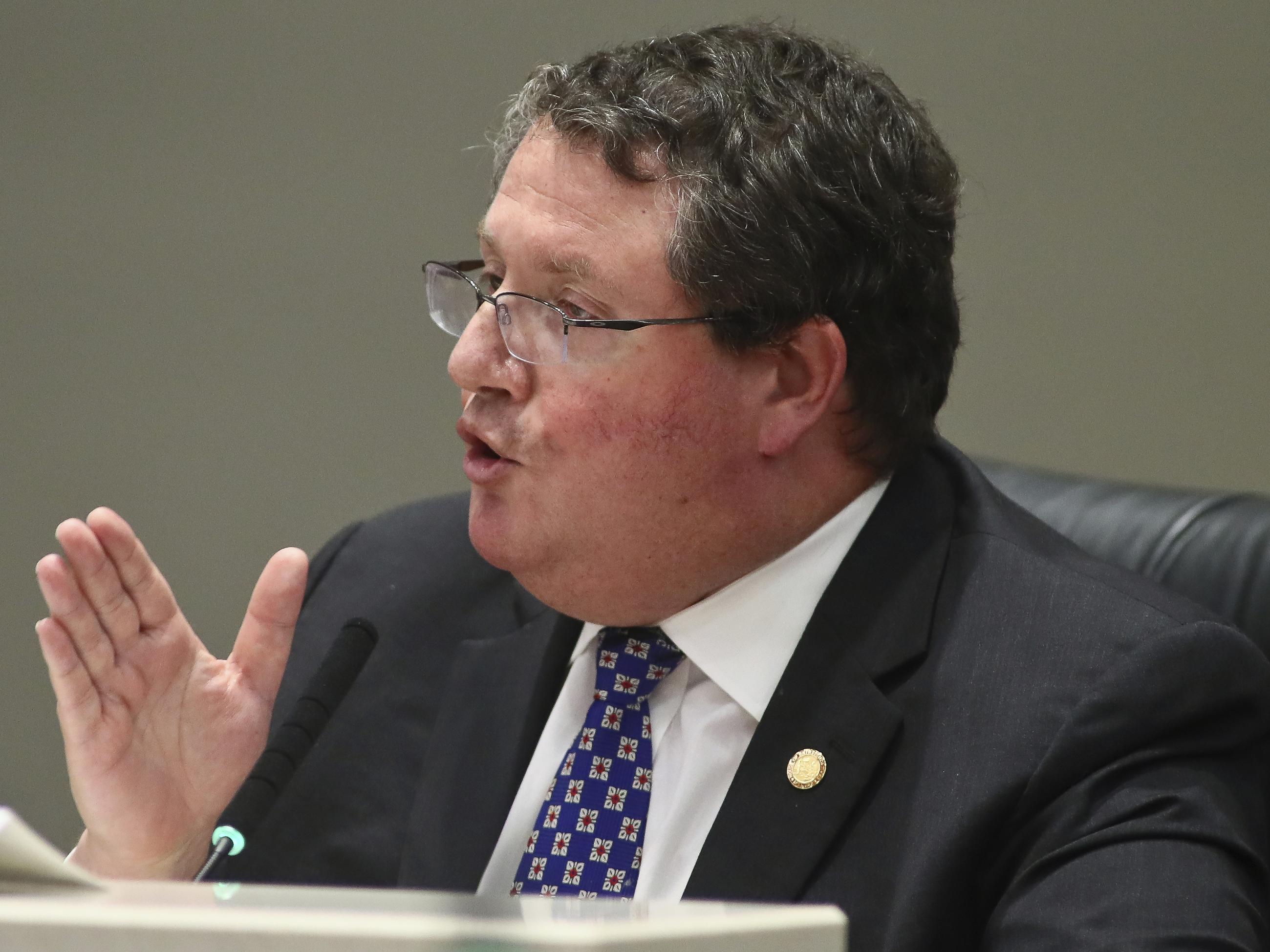 Rep. Randy Fine, R-Palm Bay, debates against an amendment to a bill on migrant transportation during an Appropriations Committee meeting Monday, Feb. 6, 2023, in the Knott Building at the Capitol in Tallahassee, Fla. The amendment was defeated. Florida legislators are meeting in a two-week special session to take up a list of issues proposed by Gov. Ron DeSantis. (AP Photo/Phil Sears)