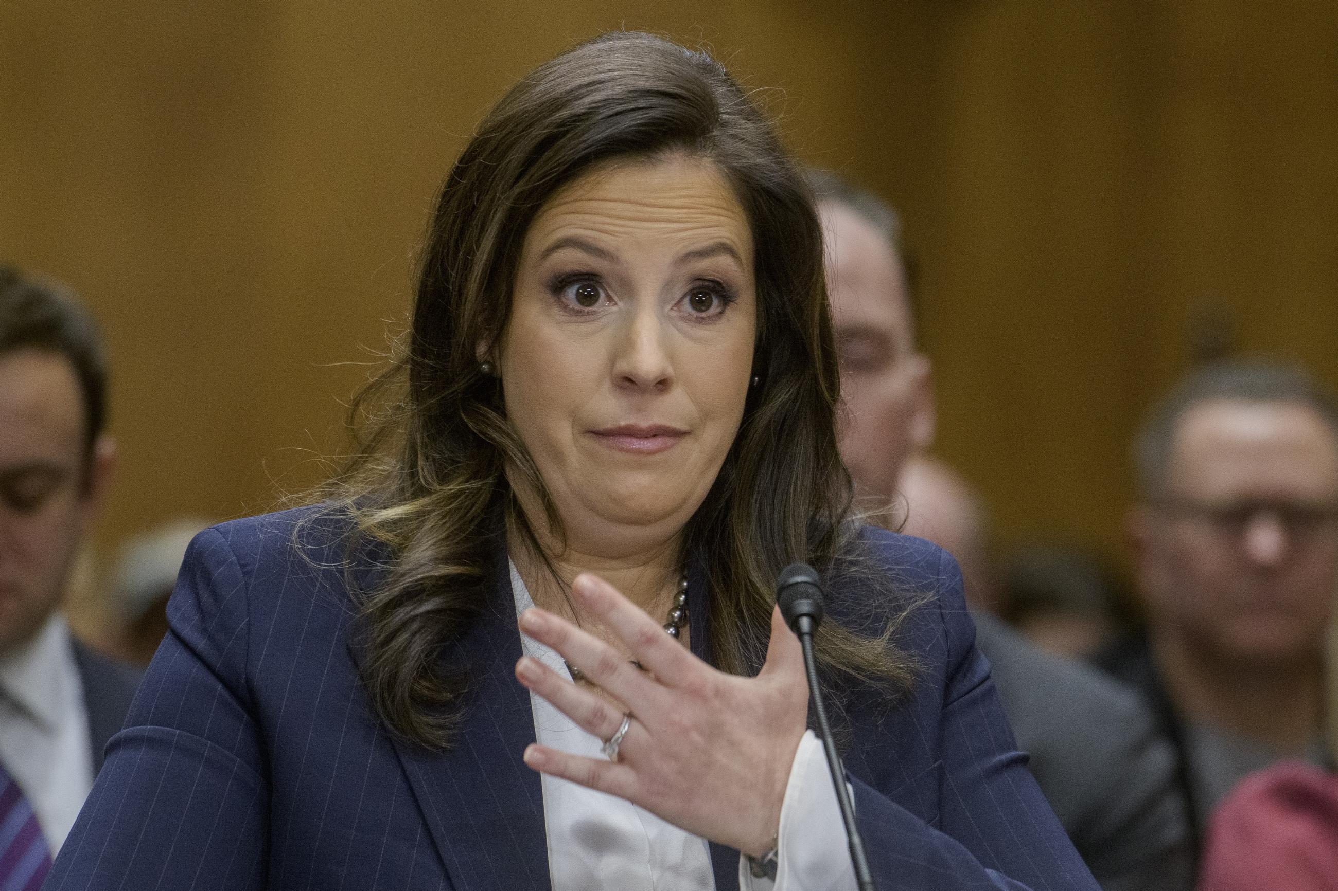 Rep. Elise Stefanik testifying at a Jan. 21 Senate Foreign Relations Committee hearing on her nomination for U.N. ambassador (AP Photo/Rod Lamkey, Jr.)
