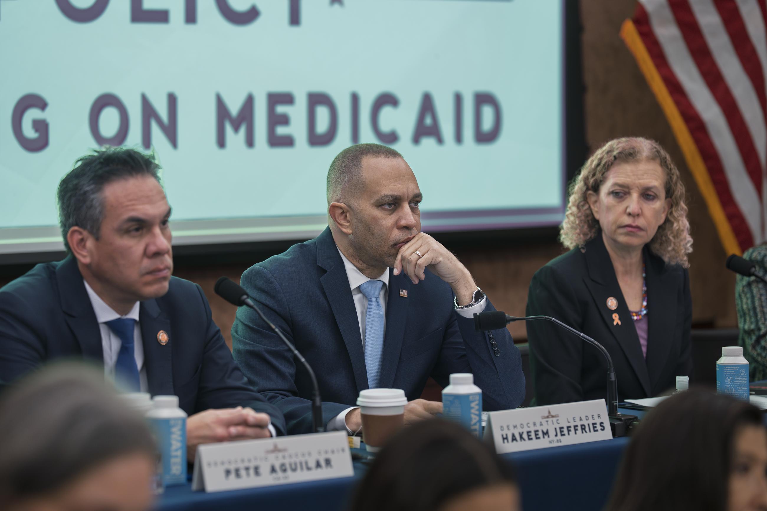 Rep. Pete Aguilar, House Minority Leader Hakeem Jeffries, and Rep. Debbie Wasserman Schultz listen as Democrats hold a hearing on Republican threats to Medicaid earlier this month. (AP Photo/J. Scott Applewhite)
