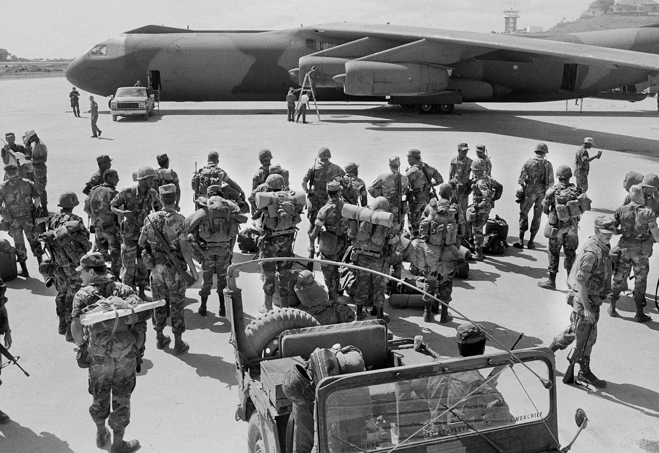 Members of the 63rd Security Police Squad on duty guarding Point Salines Airport on Grenada in 1983 (AP Photo/John Swart)
