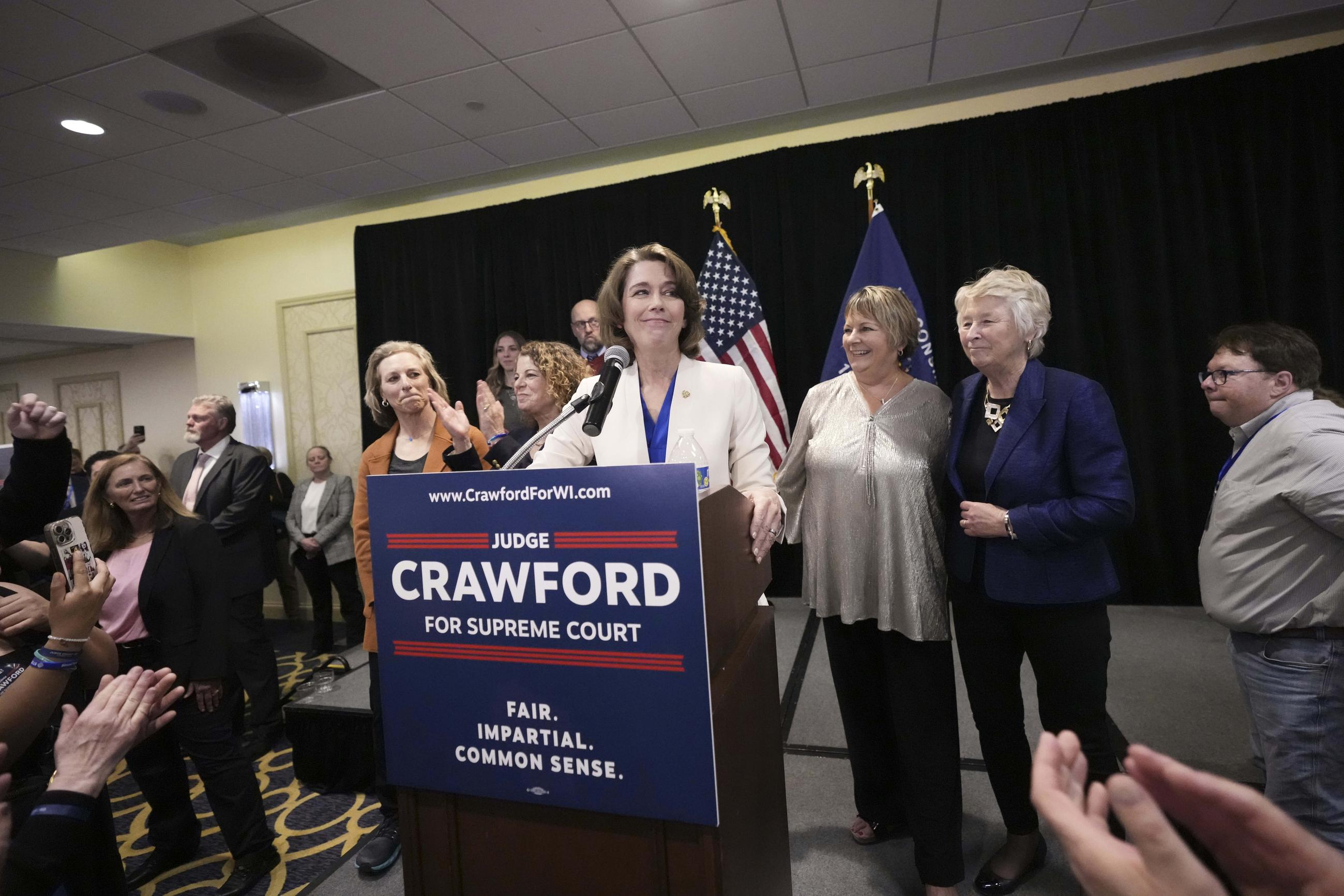 Wisconsin Supreme Court candidate Susan Crawford speaks during her Election Night party in Madison on Tuesday. (AP Photo/Kayla Wolf)