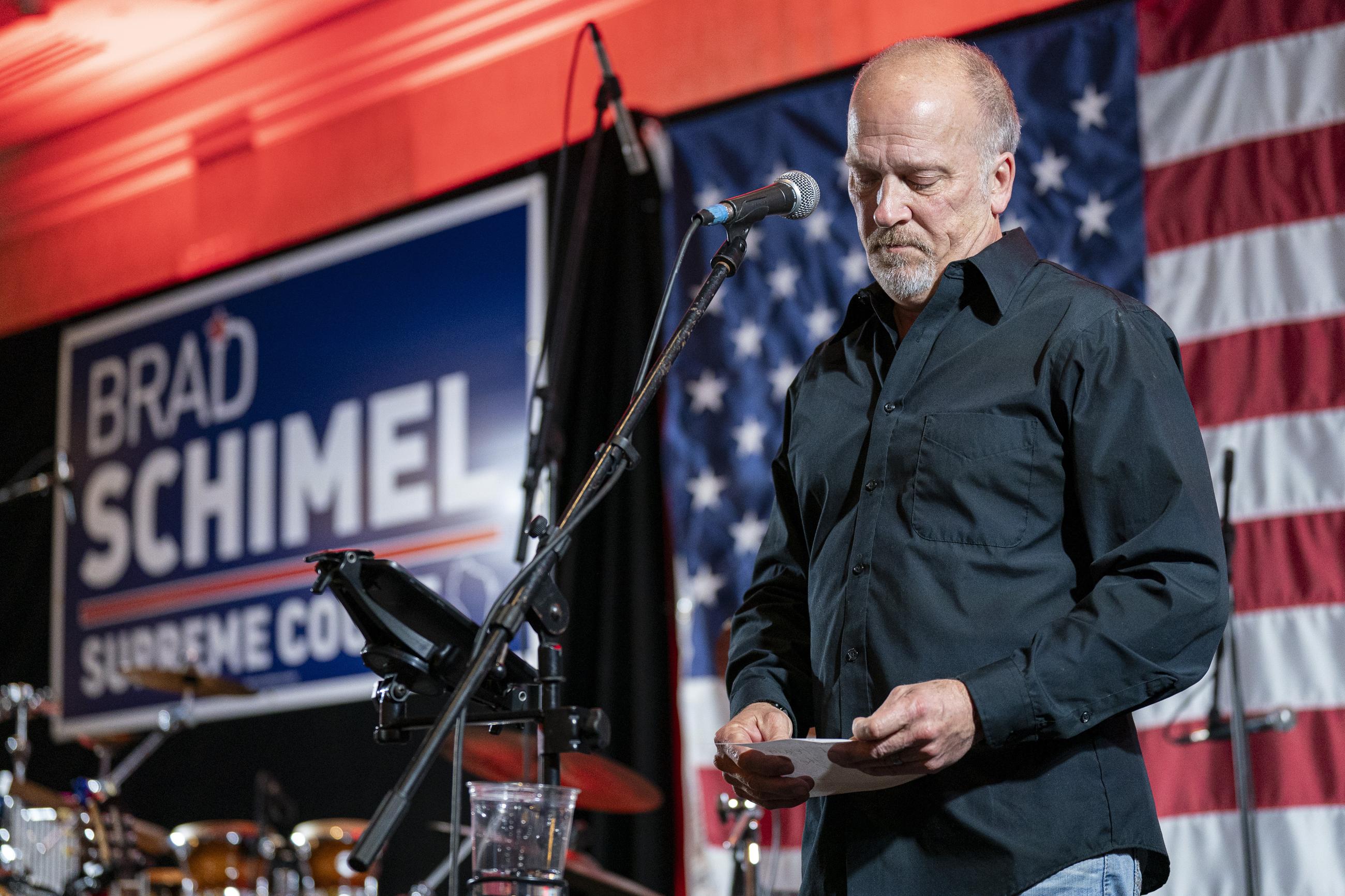 Wisconsin Supreme Court candidate Brad Schimel makes his concession speech to a crowd at his election night party Tuesday, April 1, 2025, in Pewaukee, Wis. (AP Photo/Andy Manis)