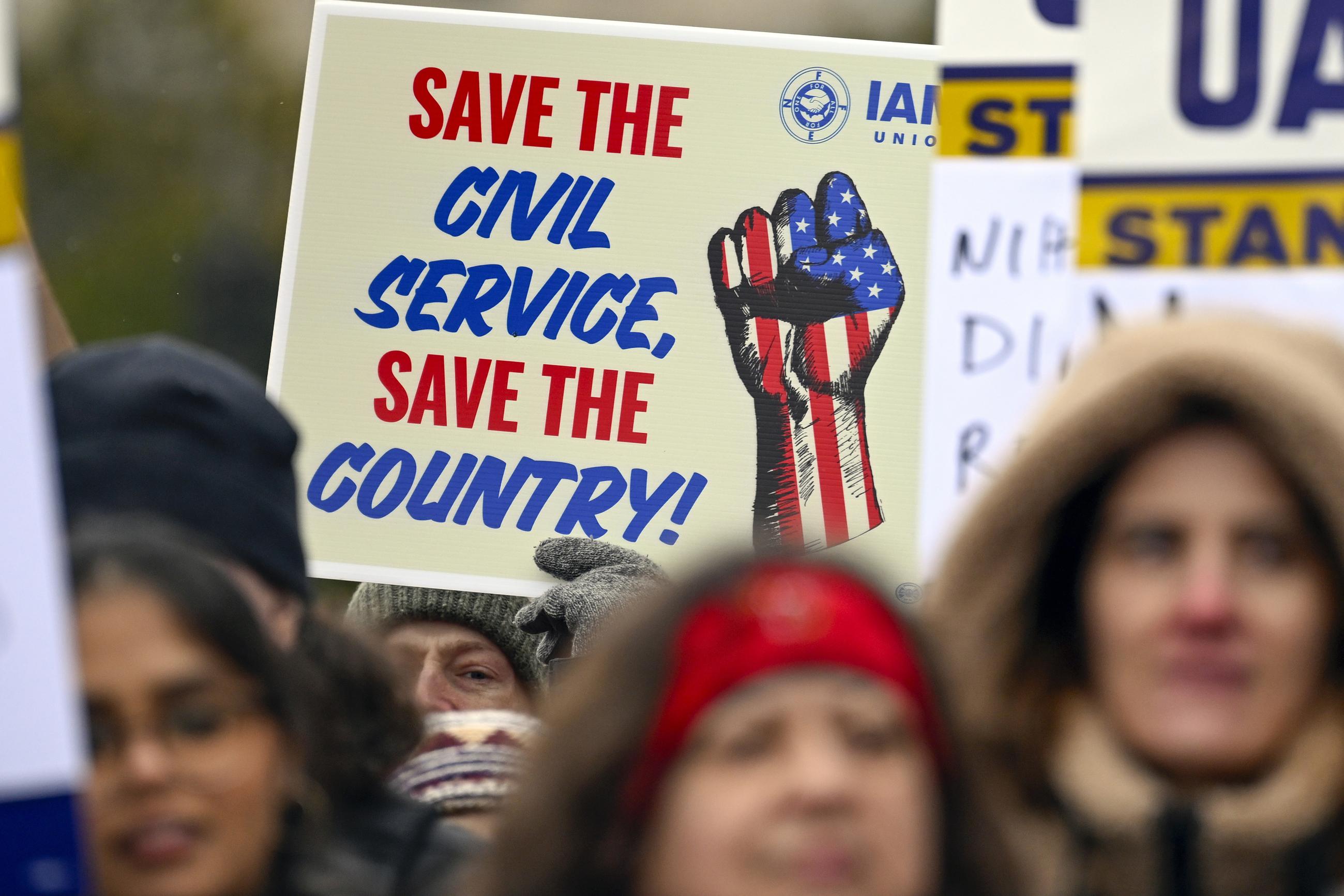 A rally at Health and Human Services headquarters in Washington in February to protest the policies of President Trump and Elon Musk (AP Photo/John McDonnell)