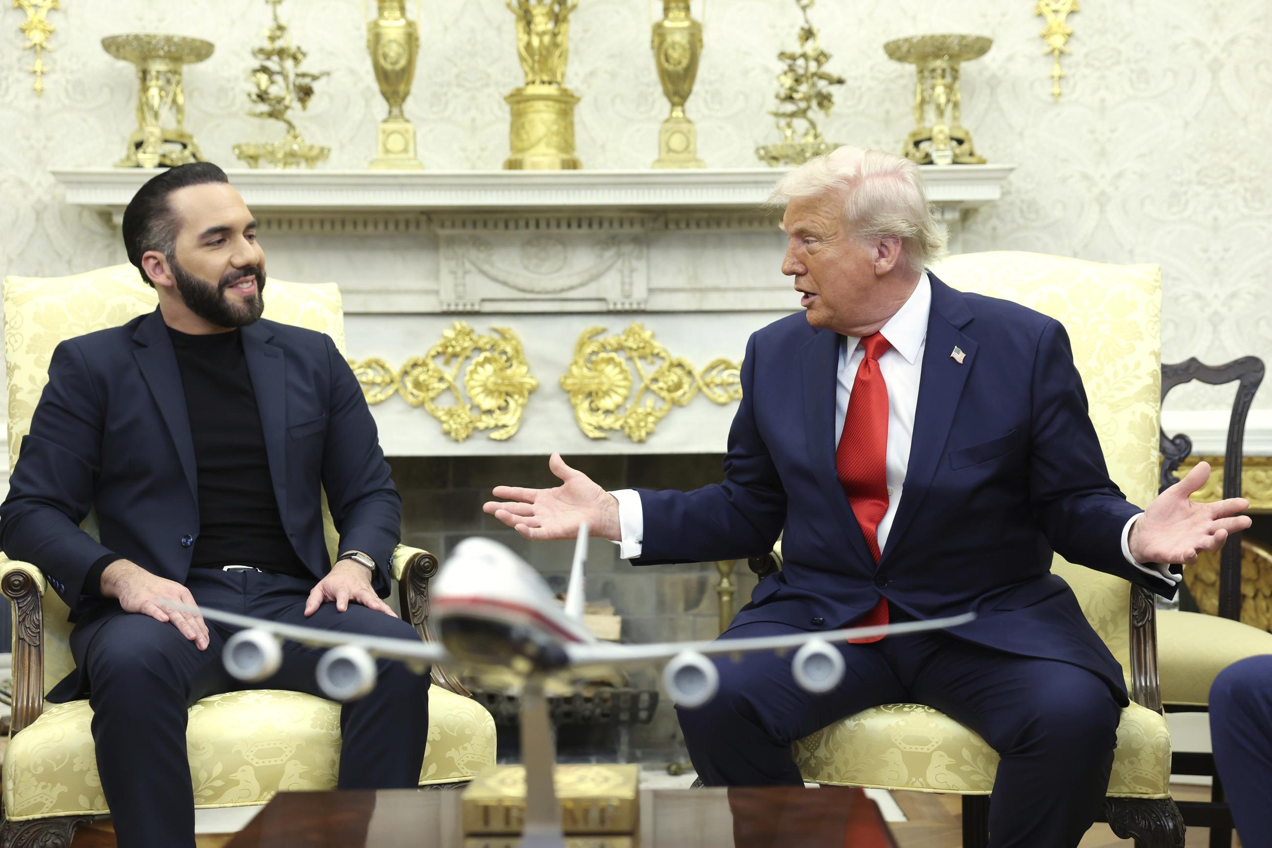 President Trump meeting with El Salvador President Nayib Bukele in the Oval Office on Monday (Pool via AP)
