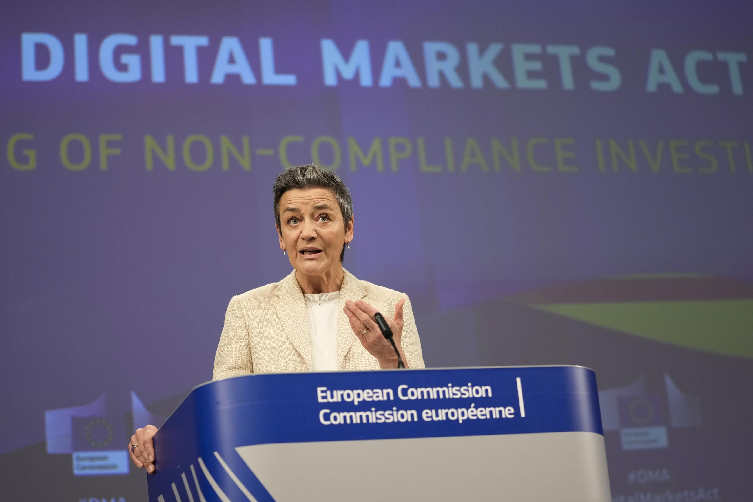 Then-European Commissioner for Europe fit for the Digital Age Margrethe Vestager speaks during a media conference at EU headquarters in Brussels in March 2024, as the Commission opened non-compliance investigations against Alphabet, Apple, and Meta under the Digital Markets Act. (AP Photo/Virginia Mayo)