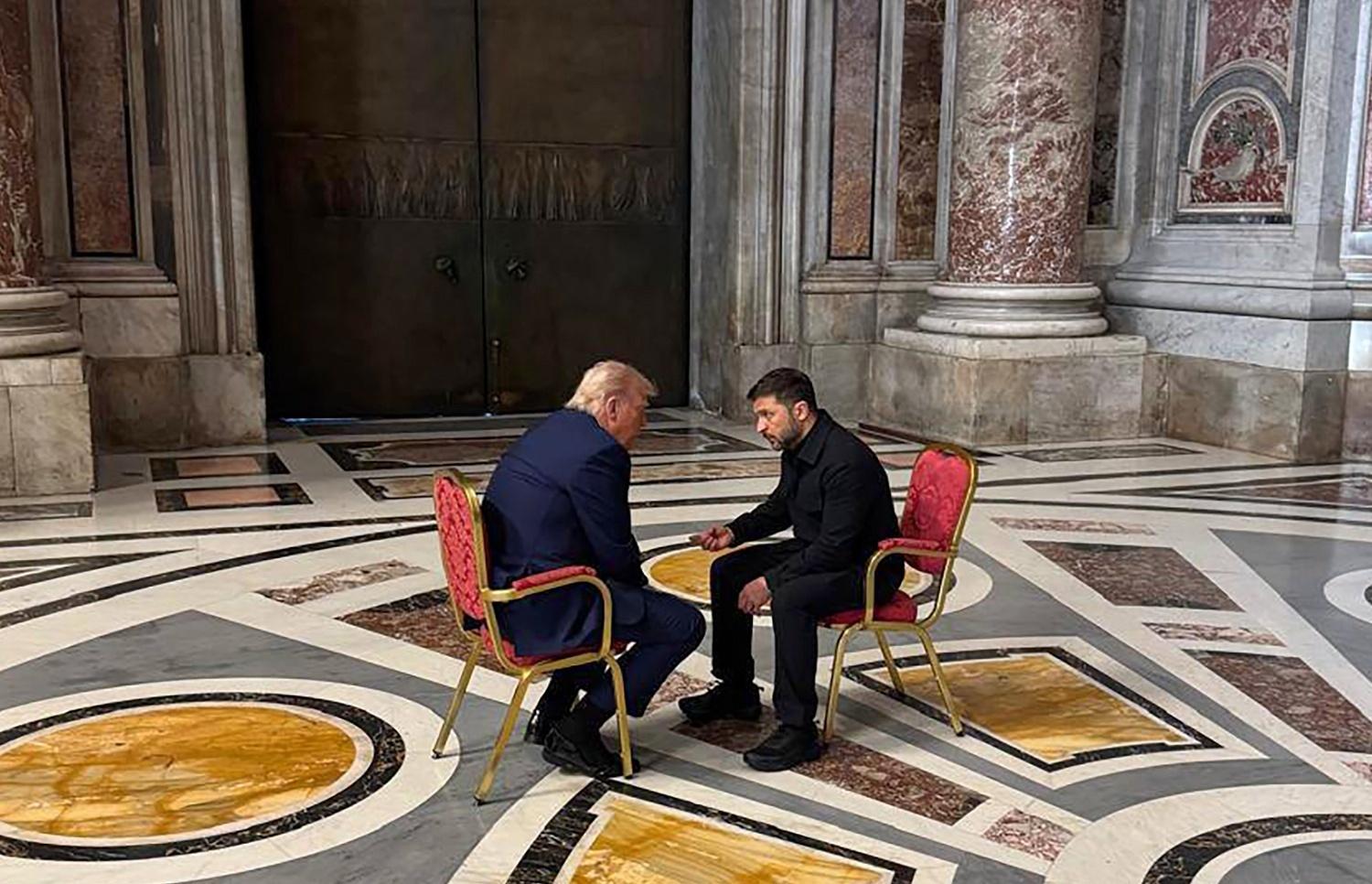 Ukrainian President Volodymyr Zelensky and President Trump talk as they attend the funeral of Pope Francis in the Vatican Saturday. (Ukrainian Presidential Press Office via AP)