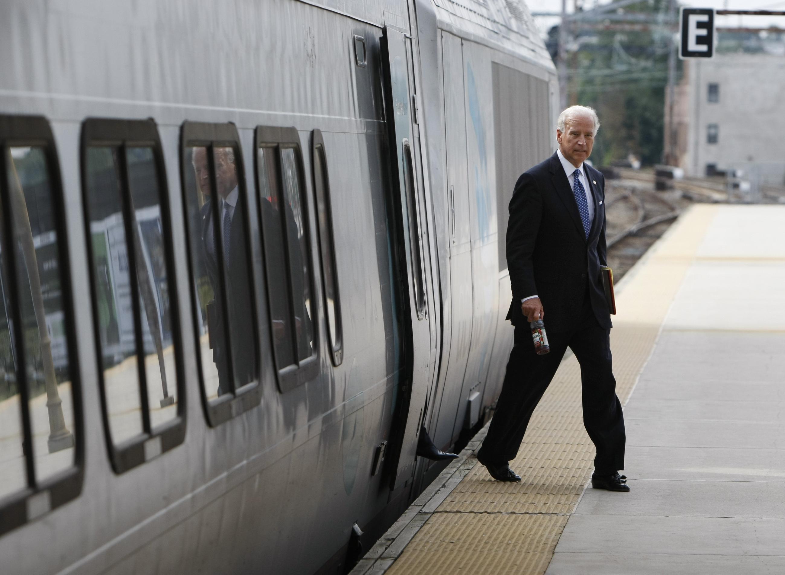 Then-Sen. Joe Biden arrives by Amtrak in Wilmington, Del. in 2008. (AP Photo/Gerald Herbert, File)
