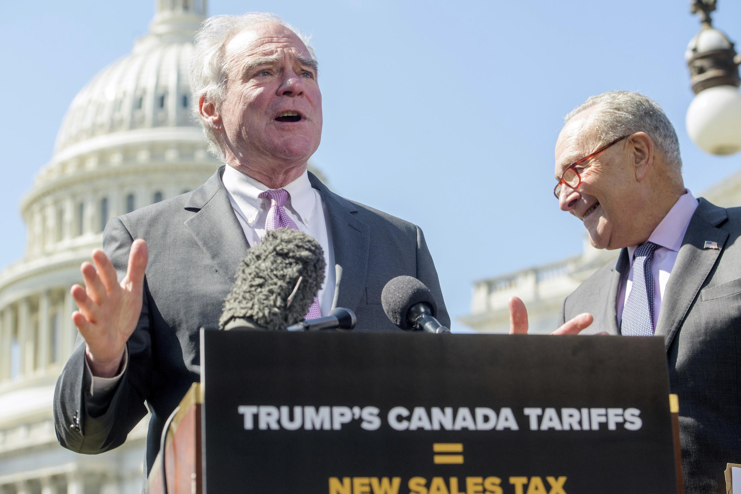 Sen. Tim Kaine speaks during a news conference on April 1 regarding President Trump's tariffs (AP Photo/Rod Lamkey, Jr.. File)