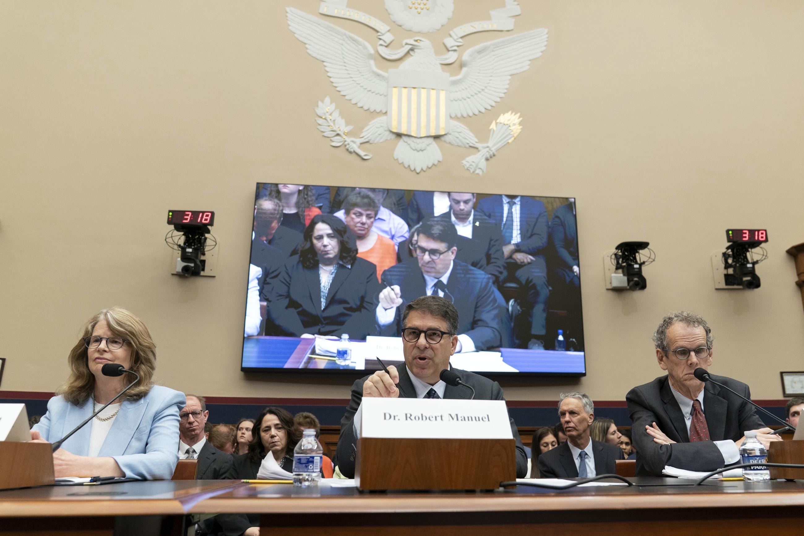 Haverford College President Wendy Raymond, DePaul University President Robert Manuel, and David Cole of Georgetown University Law Center at a hearing of the House Education and the Workforce Committee regarding antisemitism on American campuses Wednesday (AP Photo/Jose Luis Magana)