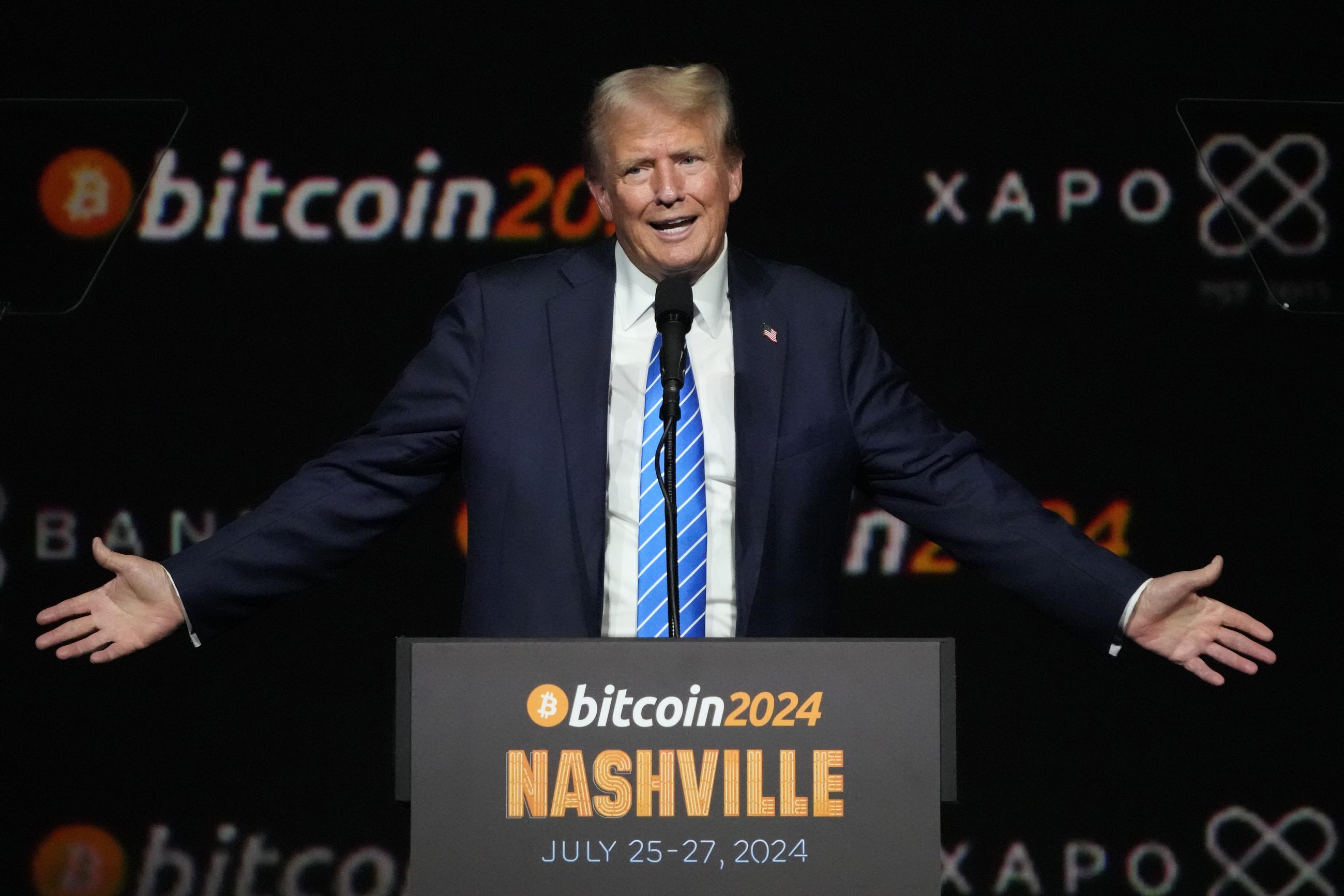 Donald Trump speaking at the Bitcoin 2024 Conference last July (AP Photo/Mark Humphrey, File)