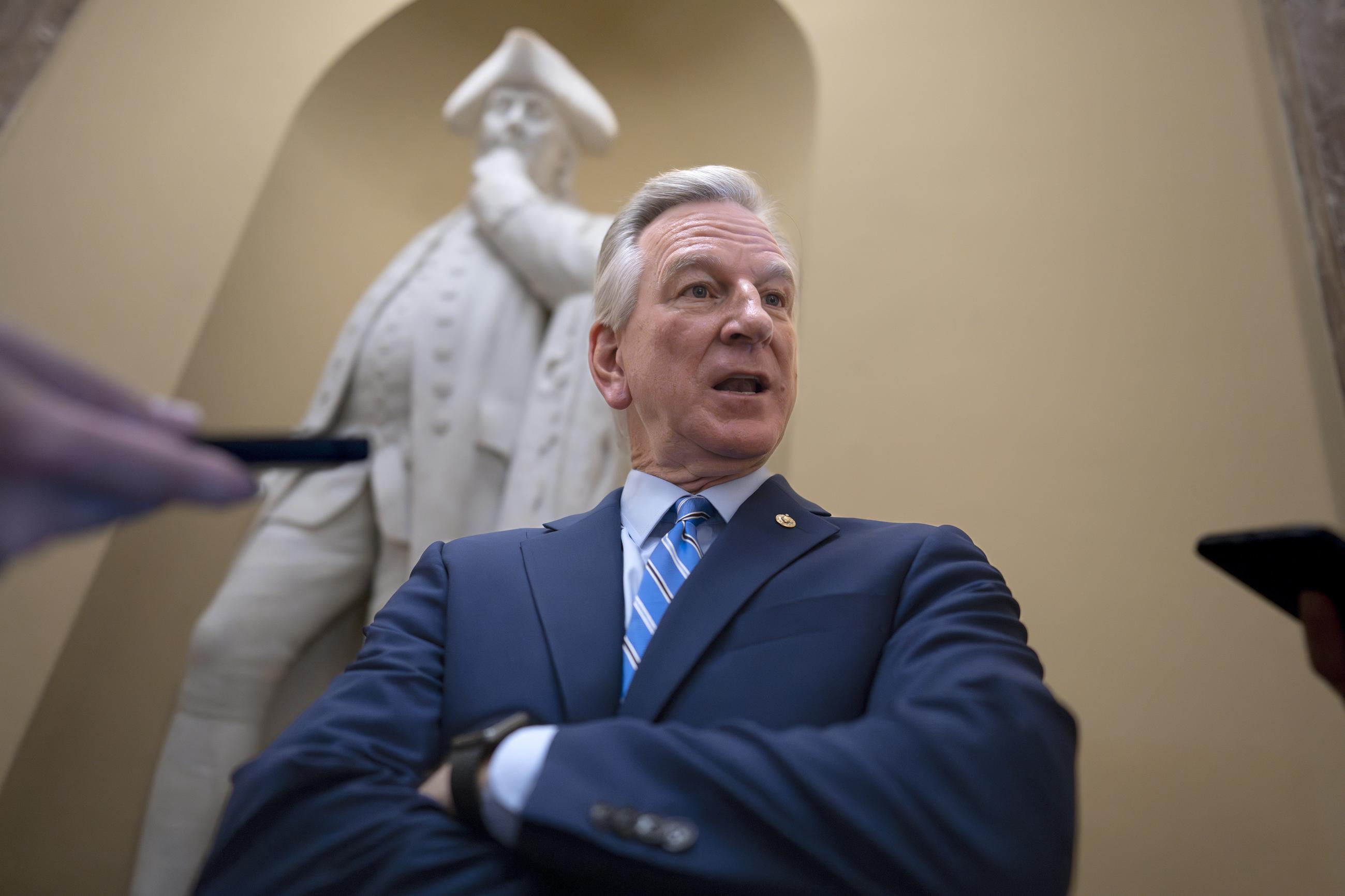Sen. Tommy Tuberville of Alabama talks to reporters at the Capitol in Washington, May 16, 2023. (AP Photo/J. Scott Applewhite, File)