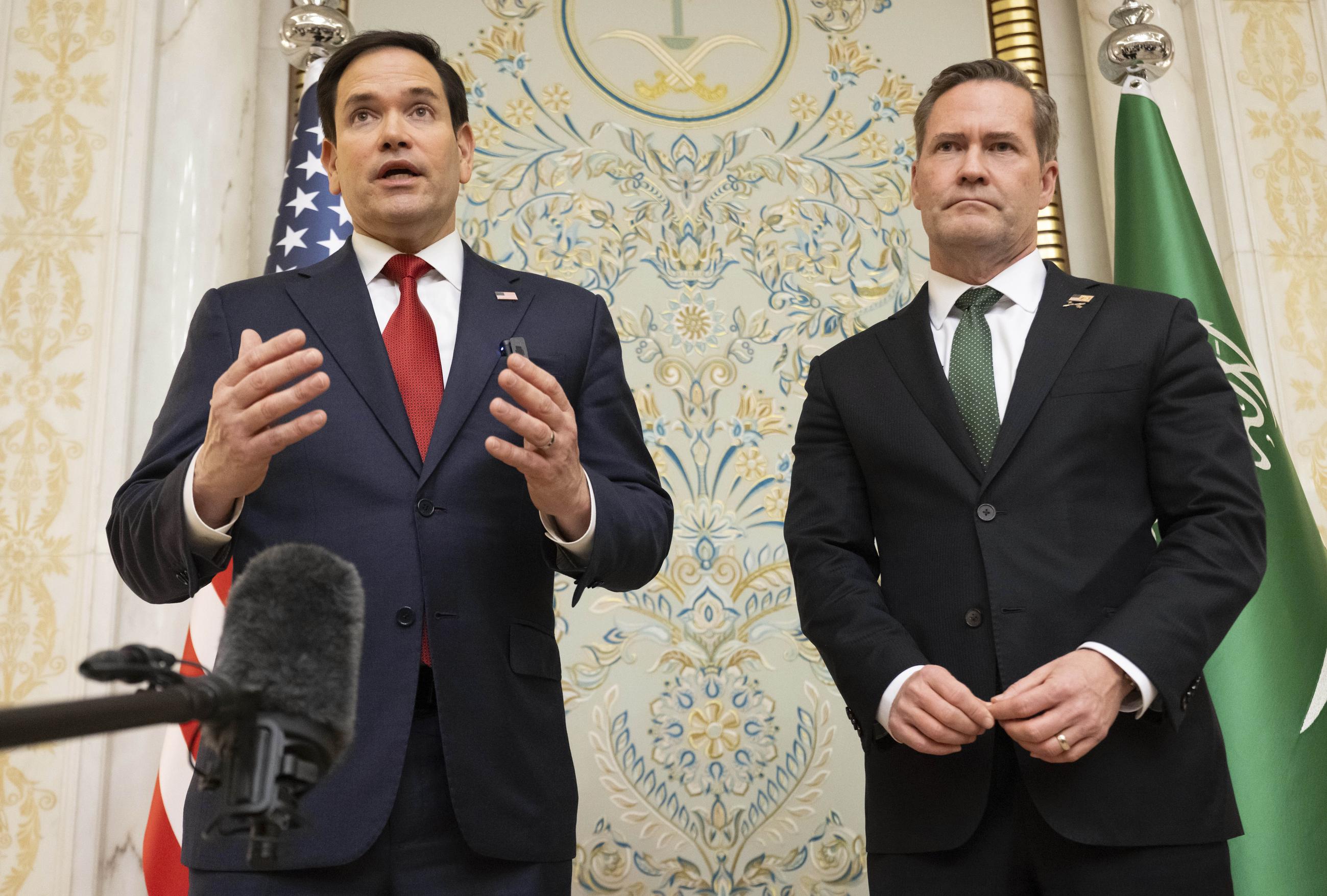 Secretary of State Marco Rubio and then-National Security Adviser Michael Waltz in Jeddah, Saudi Arabia, on March 11 (Saul Loeb/Pool Photo via AP)