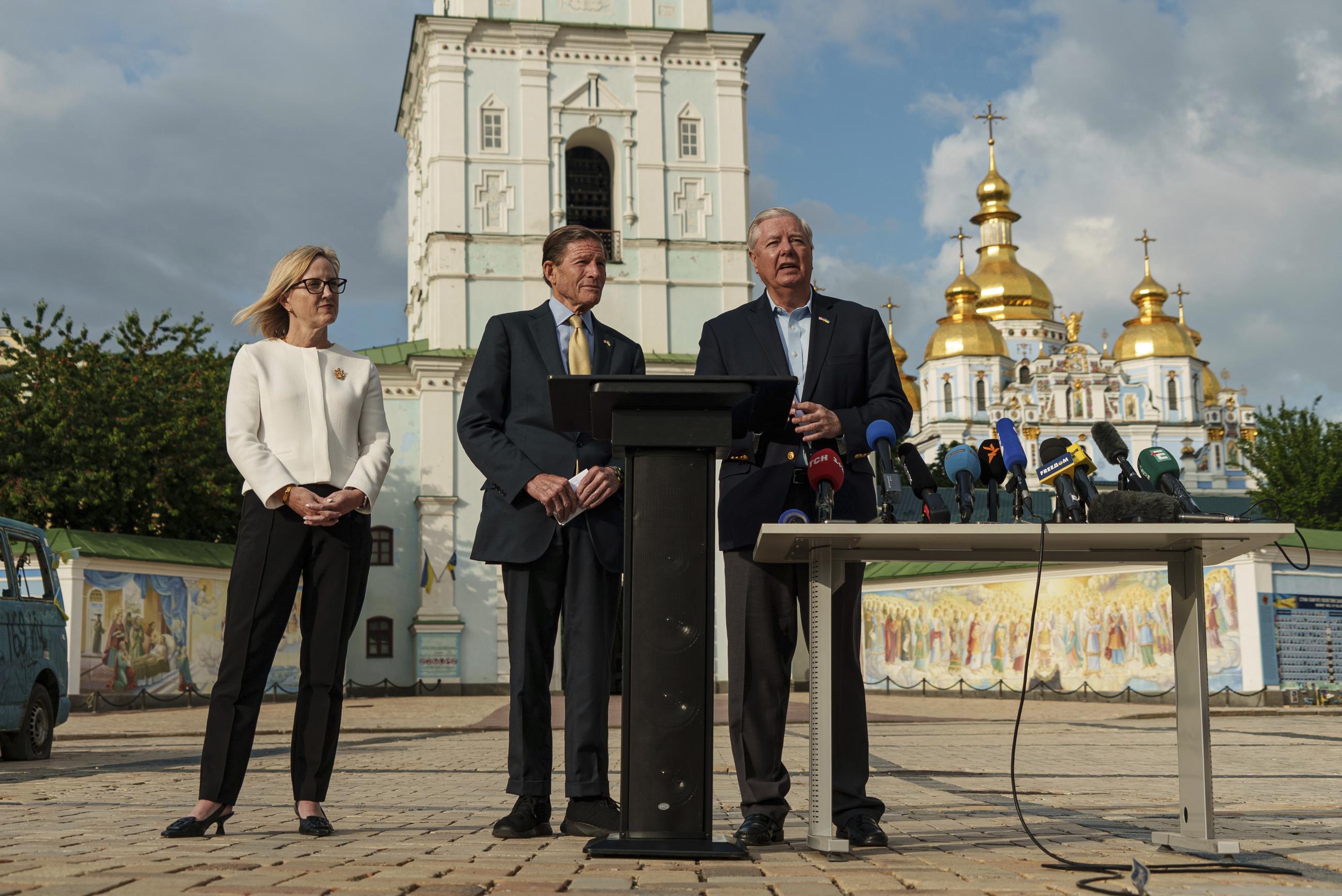Sens. Lindsey Graham and Richard Blumenthal speak during a press conference in Kyiv on May 30. (AP Photo/Vasilisa Stepanenko)