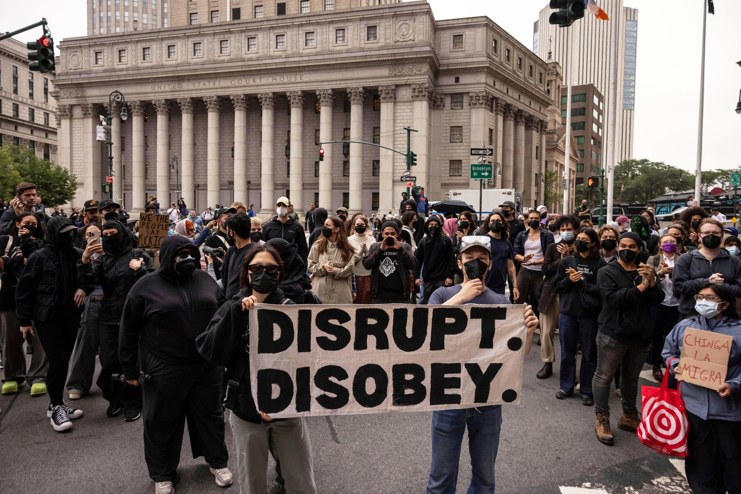 Demonstrators gather to protest against Immigration and Customs Enforcement outside Jacob K. Javits Federal Building in New York on Monday. (AP Photo/Yuki Iwamura)