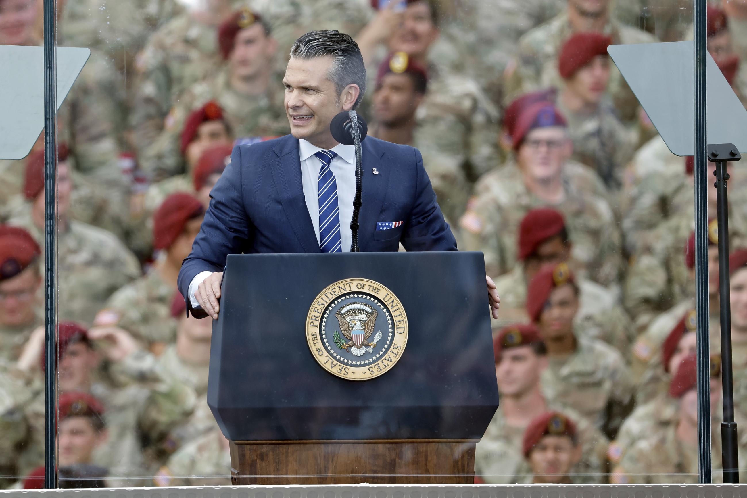 Defense Secretary Pete Hegseth speaks at Fort Bragg, N.C., on Tuesday. (AP Photo/Karl DeBlaker)