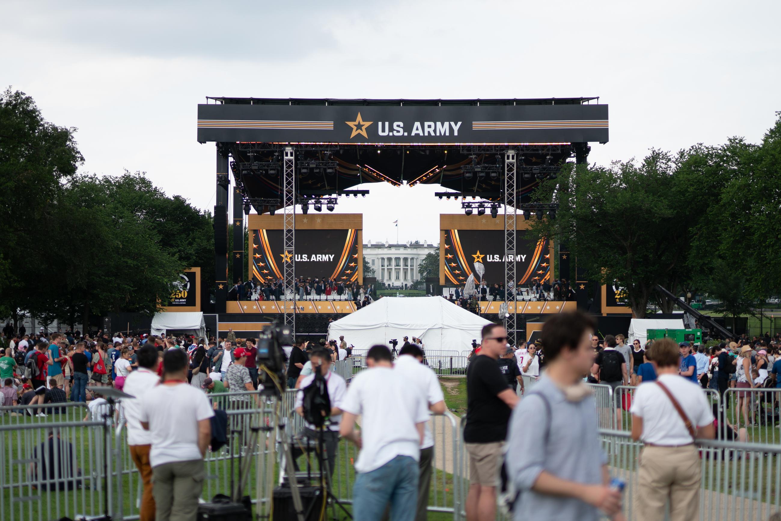 The White House along with the main stage where President Trump along with Cabinet members would soon enter to watch the Military parade. June 15, 2025.