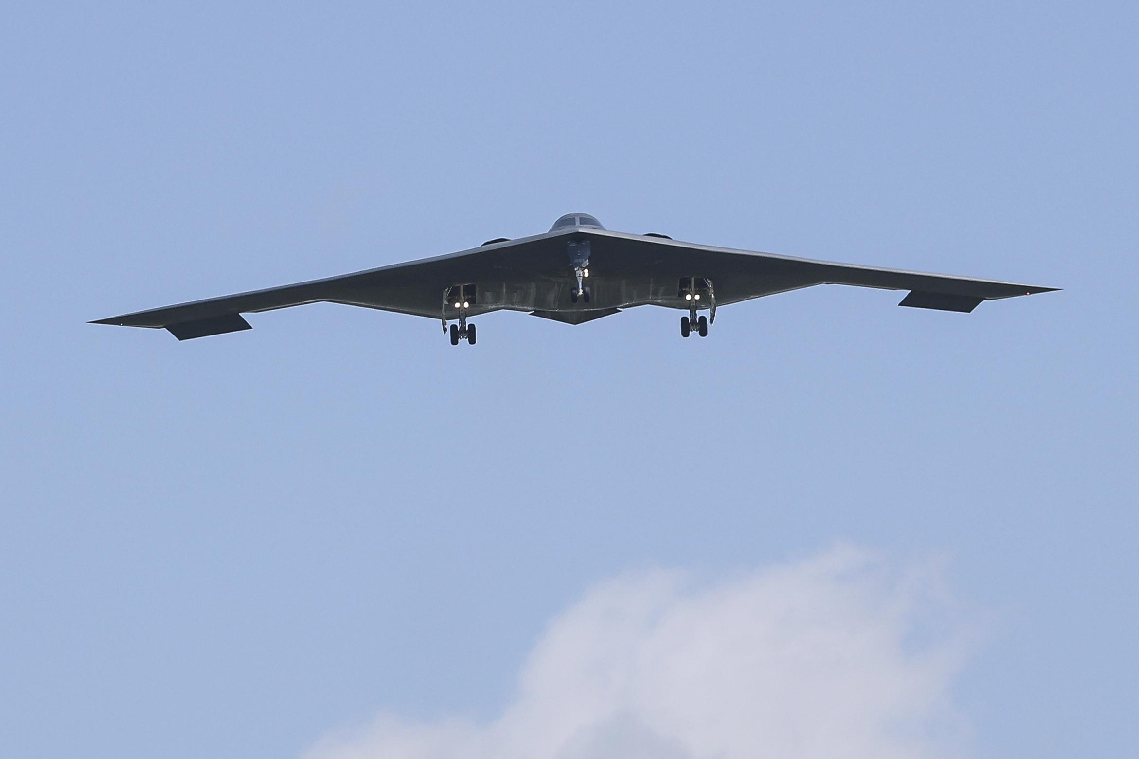 A B-2 bomber arrives at Whiteman Air Force Base in Missouri on Sunday after returning from a massive strike on Iranian nuclear sites Saturday. (AP Photo/David Smith)