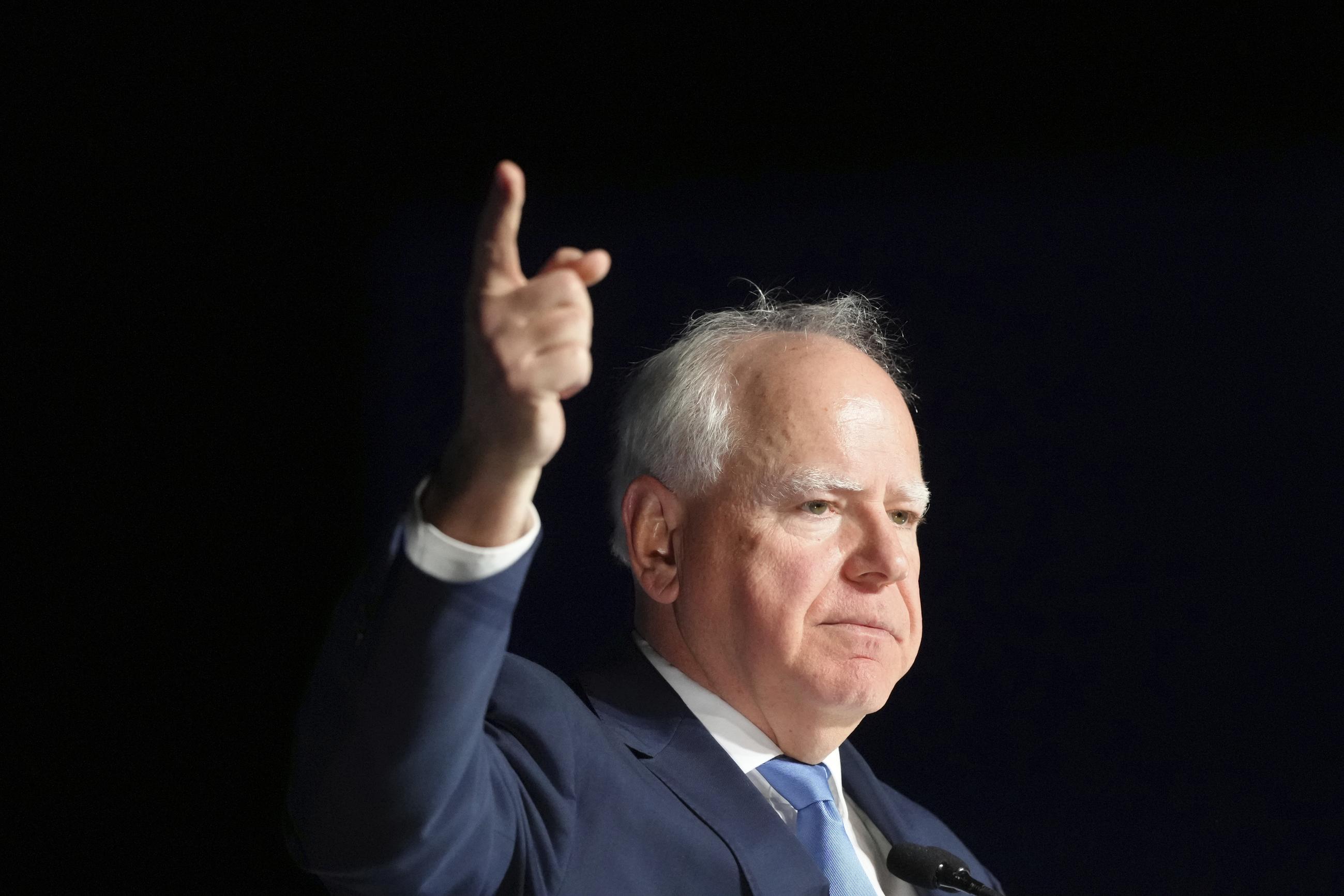 Minnesota Gov. Tim Walz speaks at the California Democratic Party's 2025 State Convention in Anaheim, Calif., on May 31. (AP Photo/Damian Dovarganes)