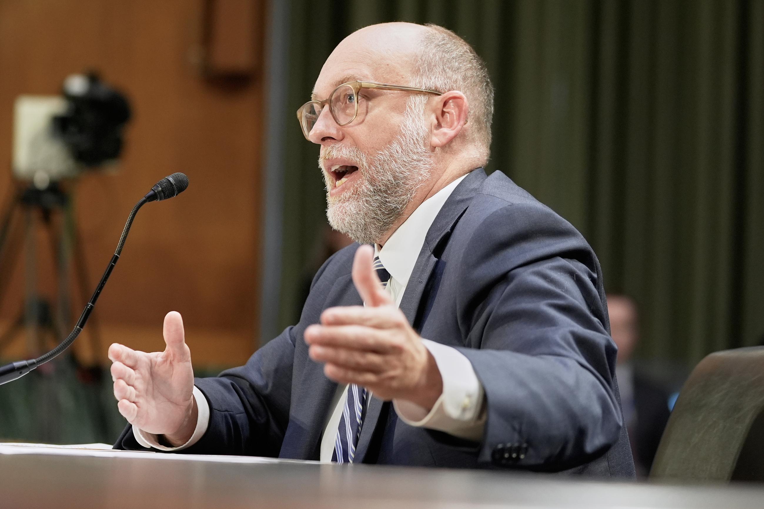 Office of Management and Budget Director Russell Vought testifies during a Senate Appropriations Committee hearing over the administration's rescissions package on Wednesday. (AP Photo/Mariam Zuhaib)