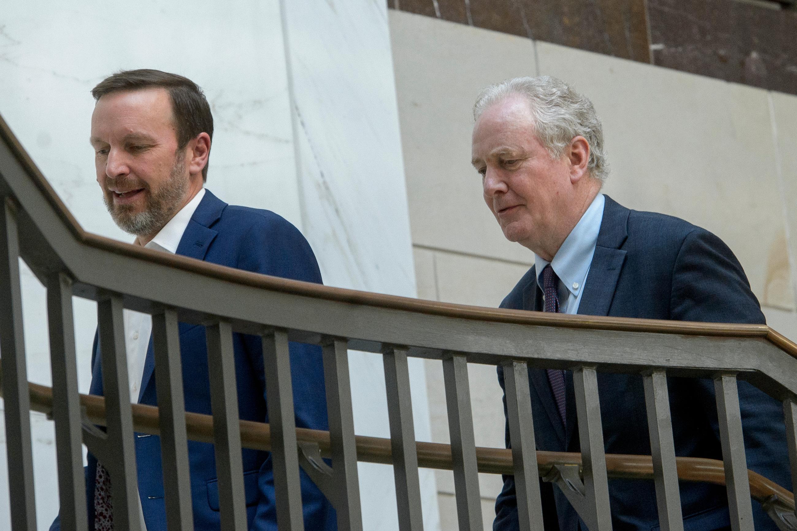 Sens. Chris Murphy and Chris Van Hollen depart following a classified briefing at the Capitol Thursday on President Trump's directed strikes against Iranian nuclear facilities last weekend. (AP Photo/Rod Lamkey, Jr.)