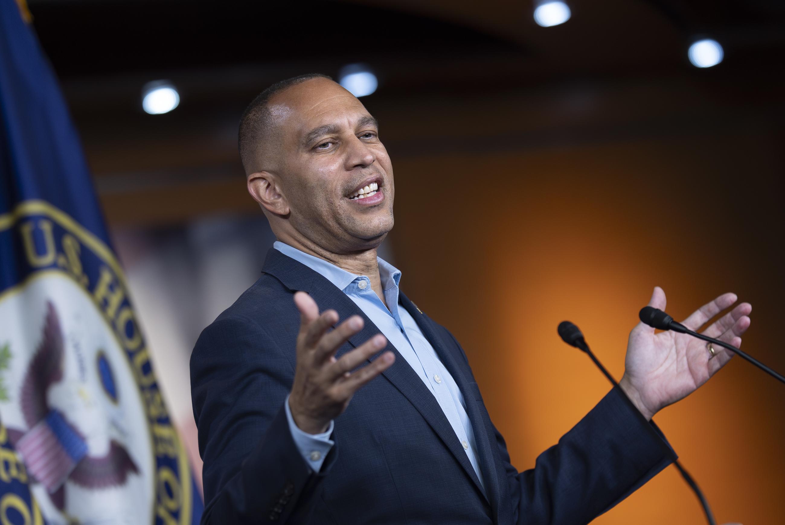 House Minority Leader Hakeem Jeffries, D-N.Y., speaks about President Donald Trump's policies and the GOP's tax and spending cut bill that passed this month, during a news conference at the Capitol in Washington, Monday, July 14, 2025. (AP Photo/J. Scott Applewhite)