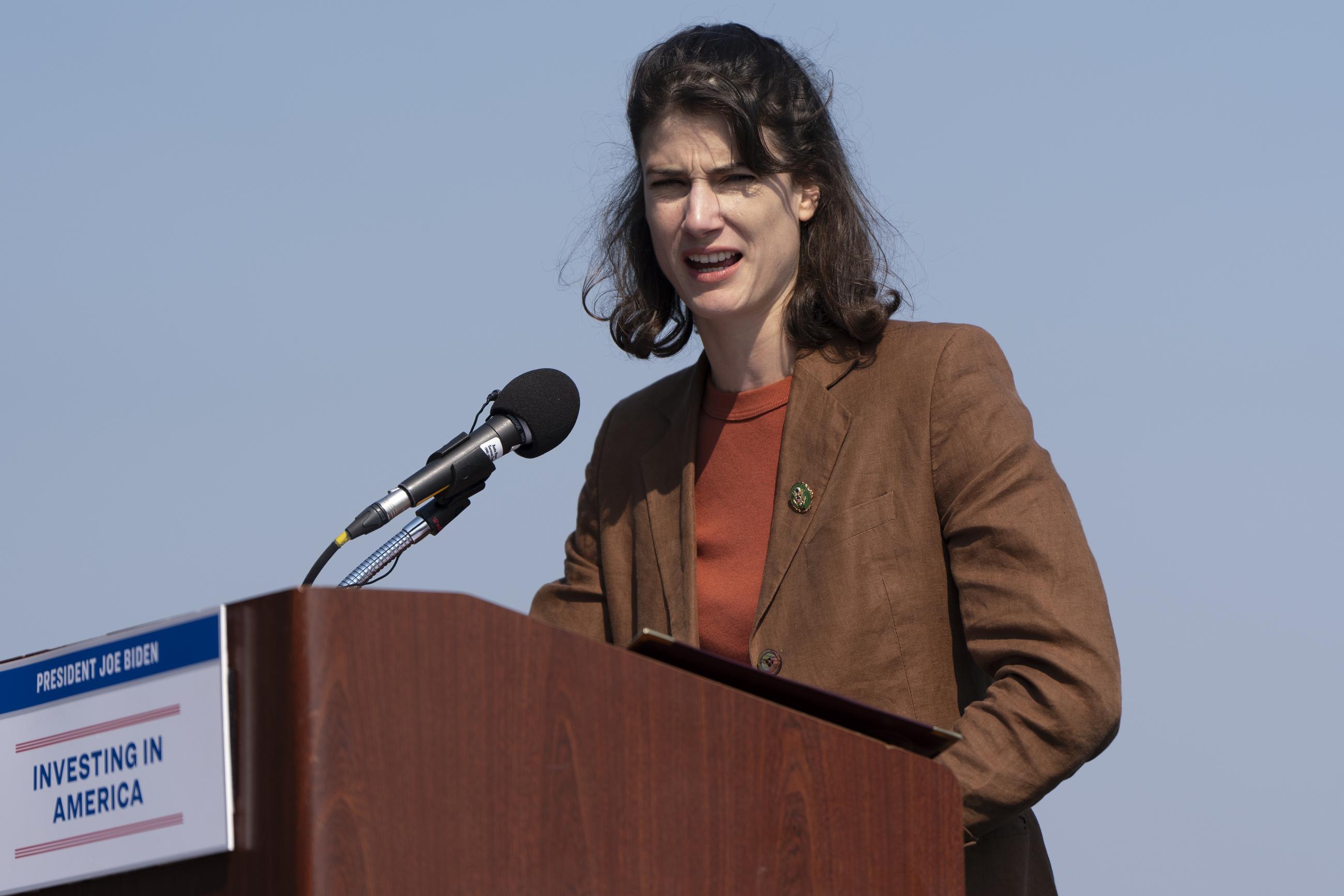 Rep. Marie Gluesenkamp Perez, D-Wash., speaks during a news conference about the Interstate 5 bridge that spans the Columbia River and connects Portland, Ore., with southwest Washington state, on Thursday, Aug. 8, 2024, in Portland, Ore. (AP Photo/Jenny Kane)