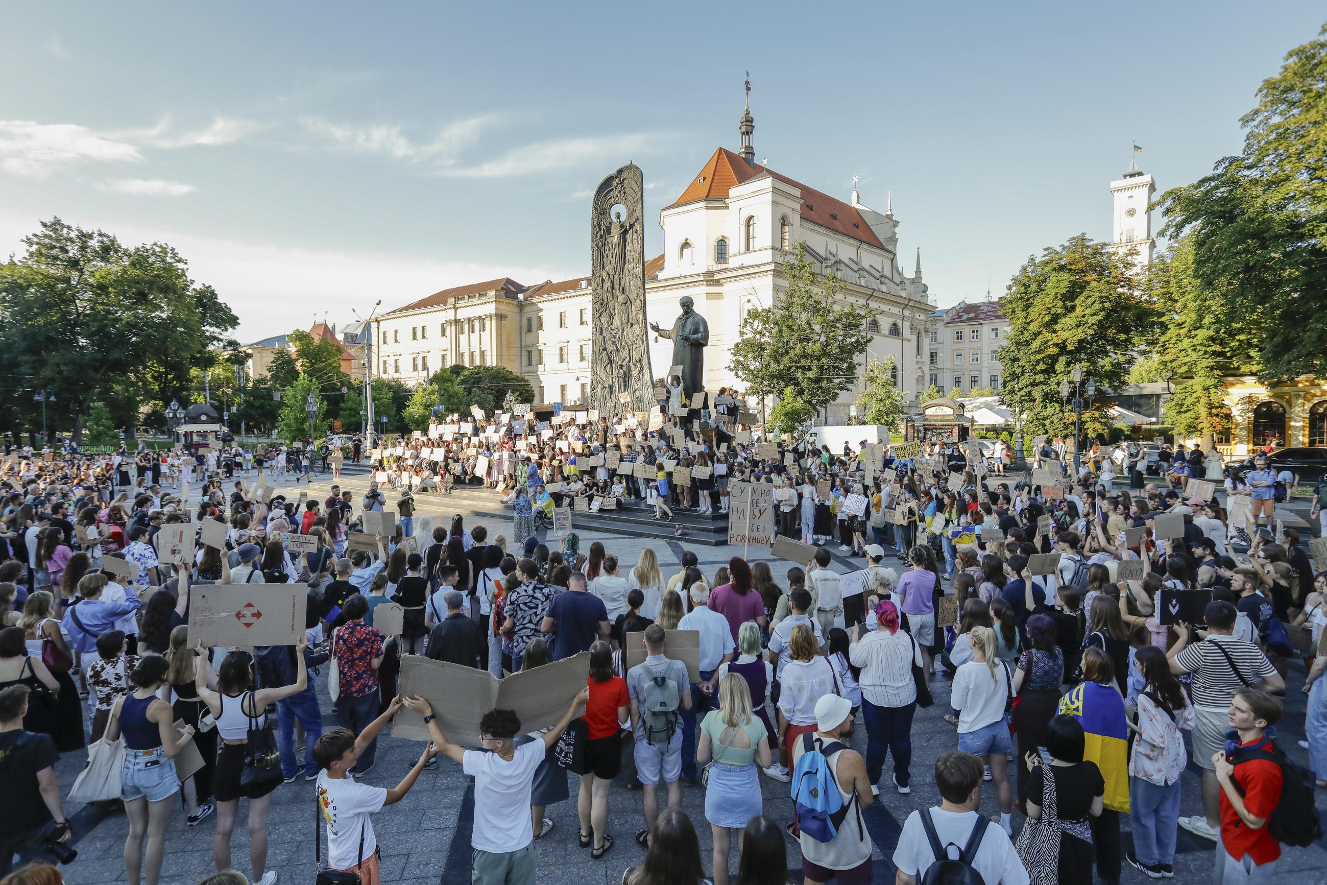 Demonstrators in Lviv, Ukraine at a protest against a law that targets anti-corruption institutions, July 24, 2025. (AP Photo/Mykola Tys)