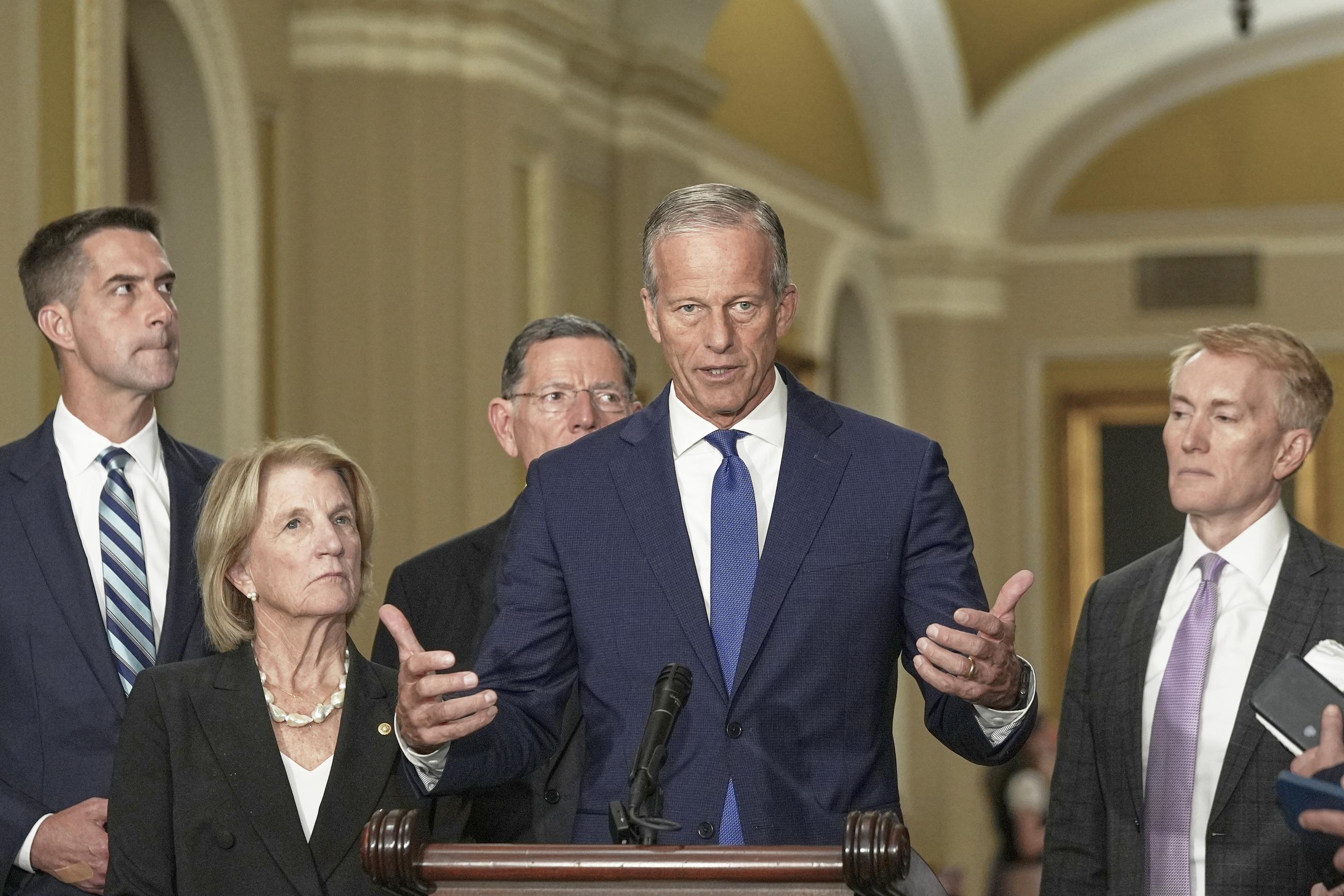 Sen. Majority Leader John Thune speaks after a policy luncheon at the Capitol, July 29, 2025. (AP Photo/Mariam Zuhaib)