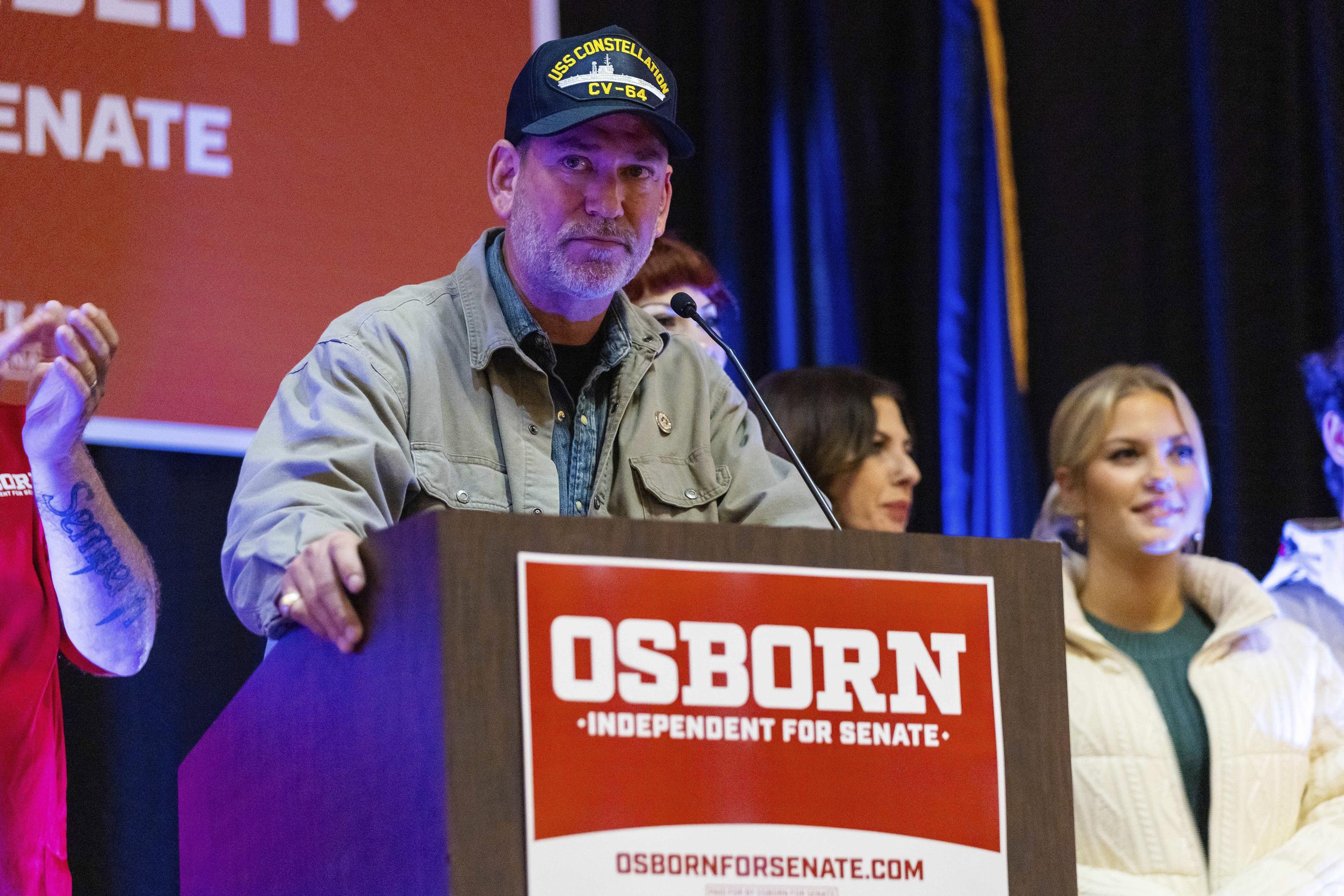 Independent Senate candidate Dan Osborn at an election night watch party in La Vista, Neb., Nov. 5, 2024. (AP Photo/Bonnie Ryan)