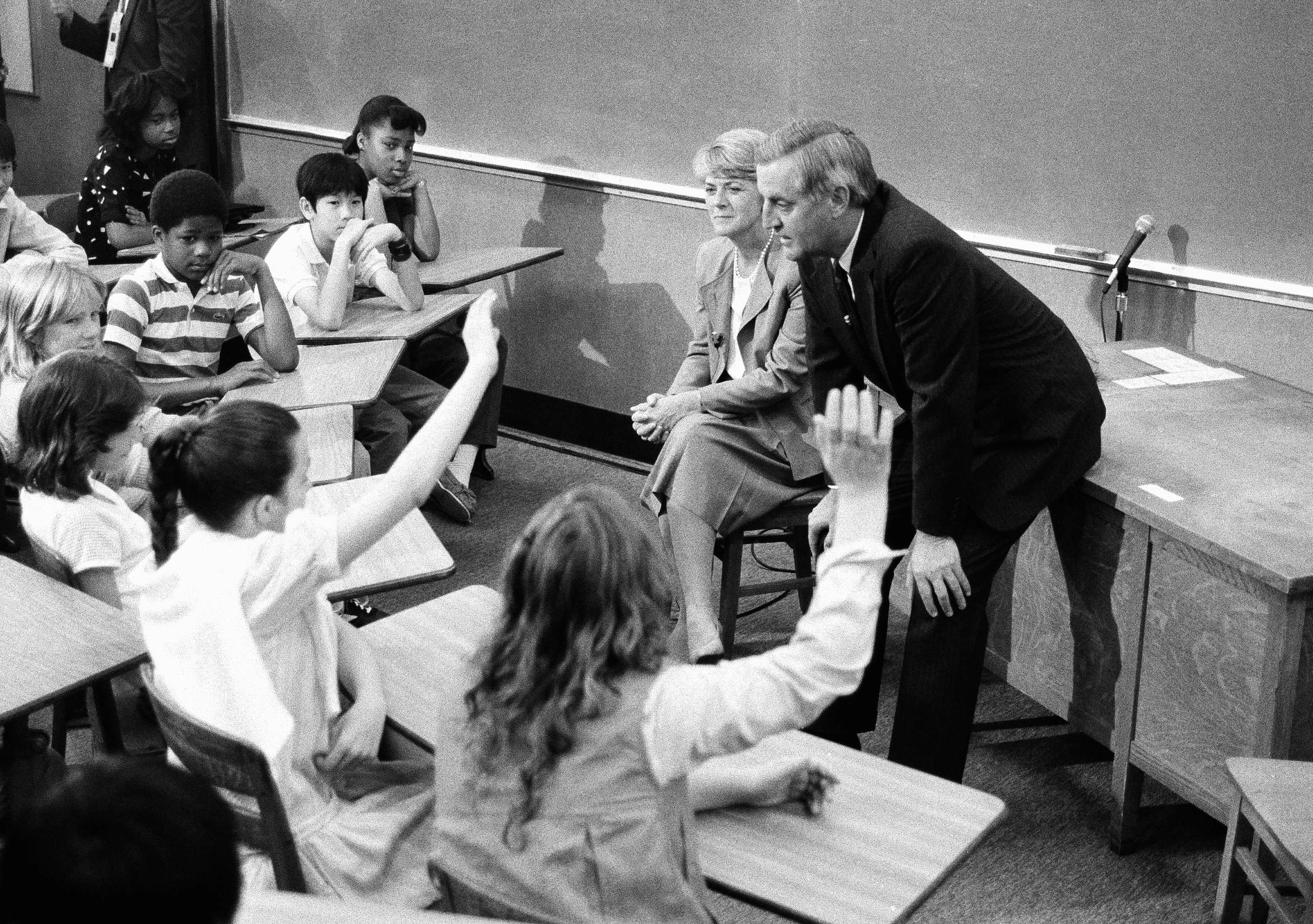 Democratic presidential ticket Walter Mondale and Geraldine Ferraro field questions from a civics class at San Francisco's Presidio Middle School, July 17, 1984. (AP Photo)