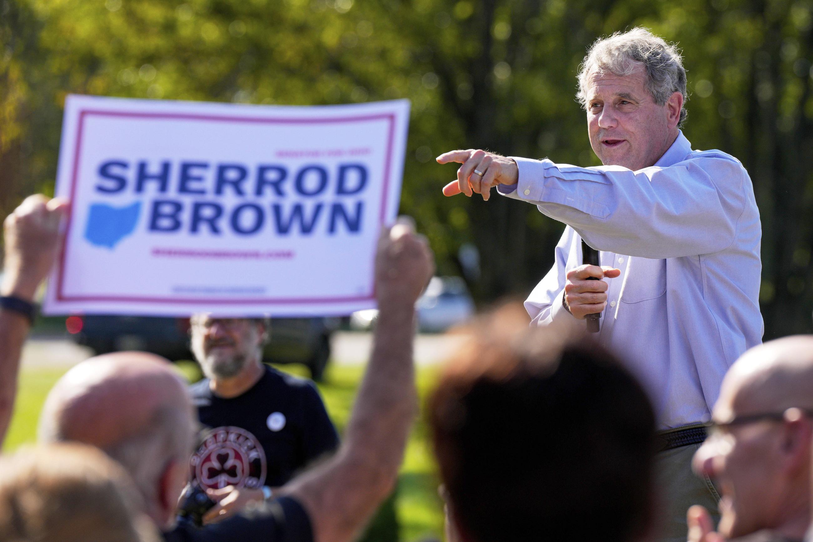 FILE - U.S. Sen. Sherrod Brown, D-Ohio, speaks at a campaign rally, Oct. 5, 2024, in Cincinnati. (AP Photo/Jeff Dean, File)