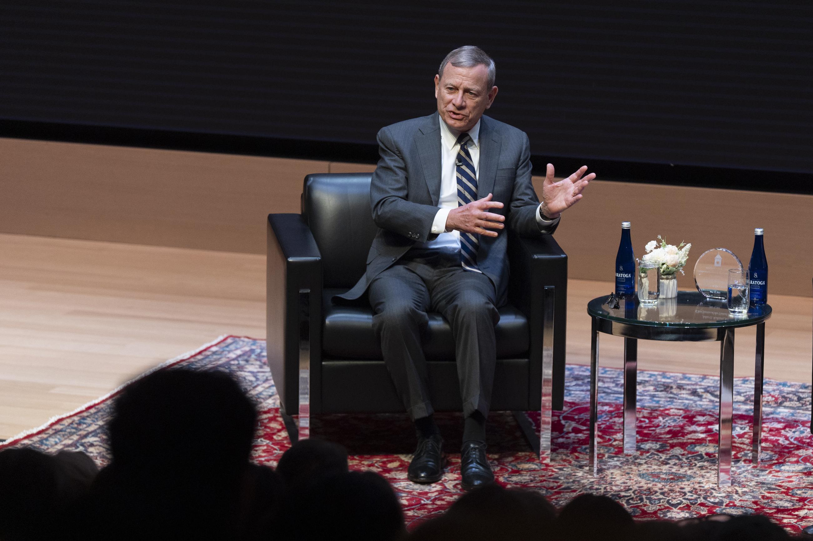 Chief Justice John Roberts speaks during a lecture to the Georgetown Law School graduating class of 2025 on May 12. (AP Photo/Manuel Balce Ceneta)
