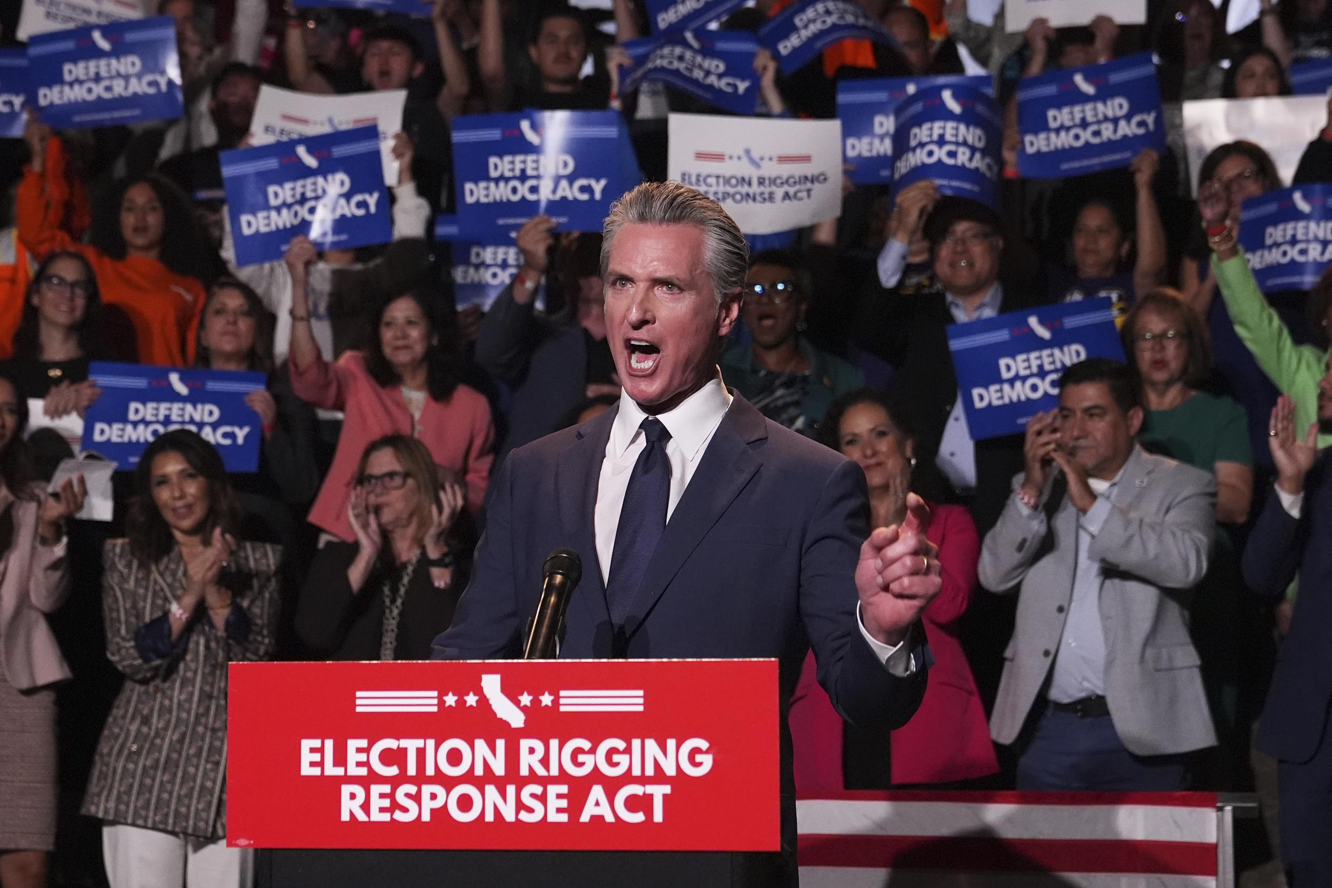 California Gov. Gavin Newsom speaks about redistricting, Aug. 14, 2025. (AP Photo/Marcio Jose Sanchez)