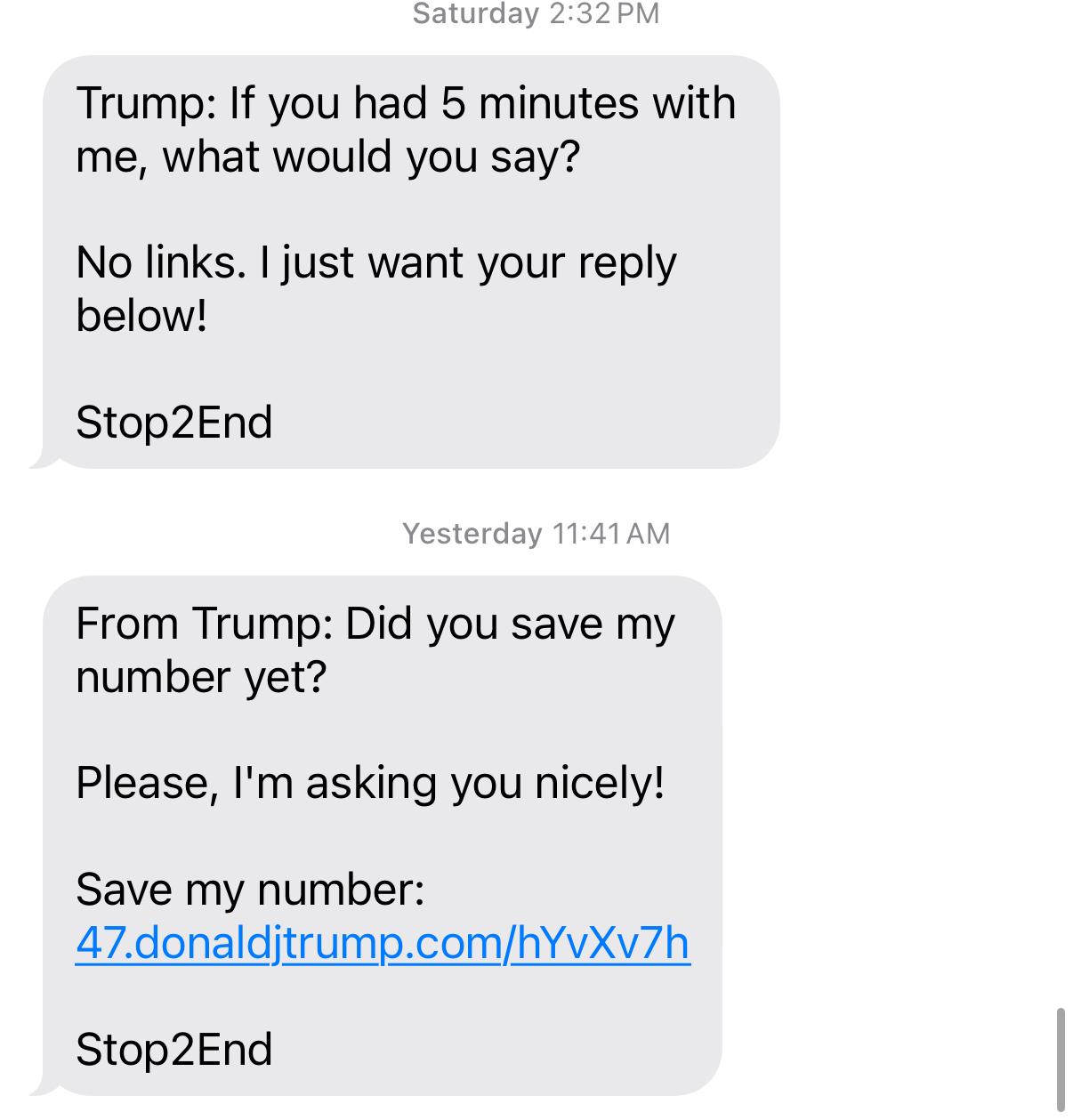 Fundraising texts from Donald Trump's 2024 presidential campaign