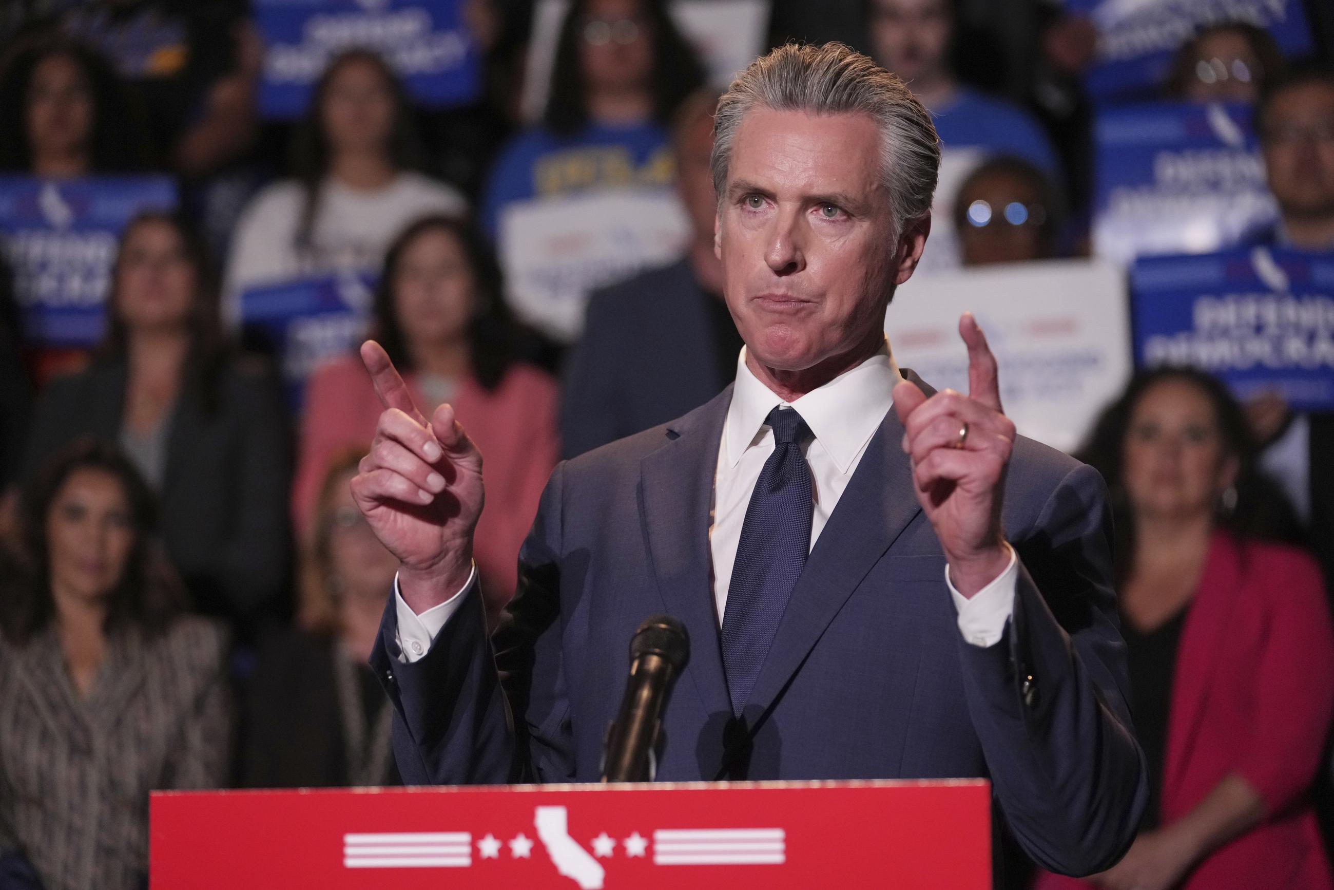 California Gov. Gavin Newsom speaks during a rally to push for a redistricting measure on Thursday, Aug. 14, 2025, in Los Angeles. (AP Photo/Marcio Jose Sanchez)