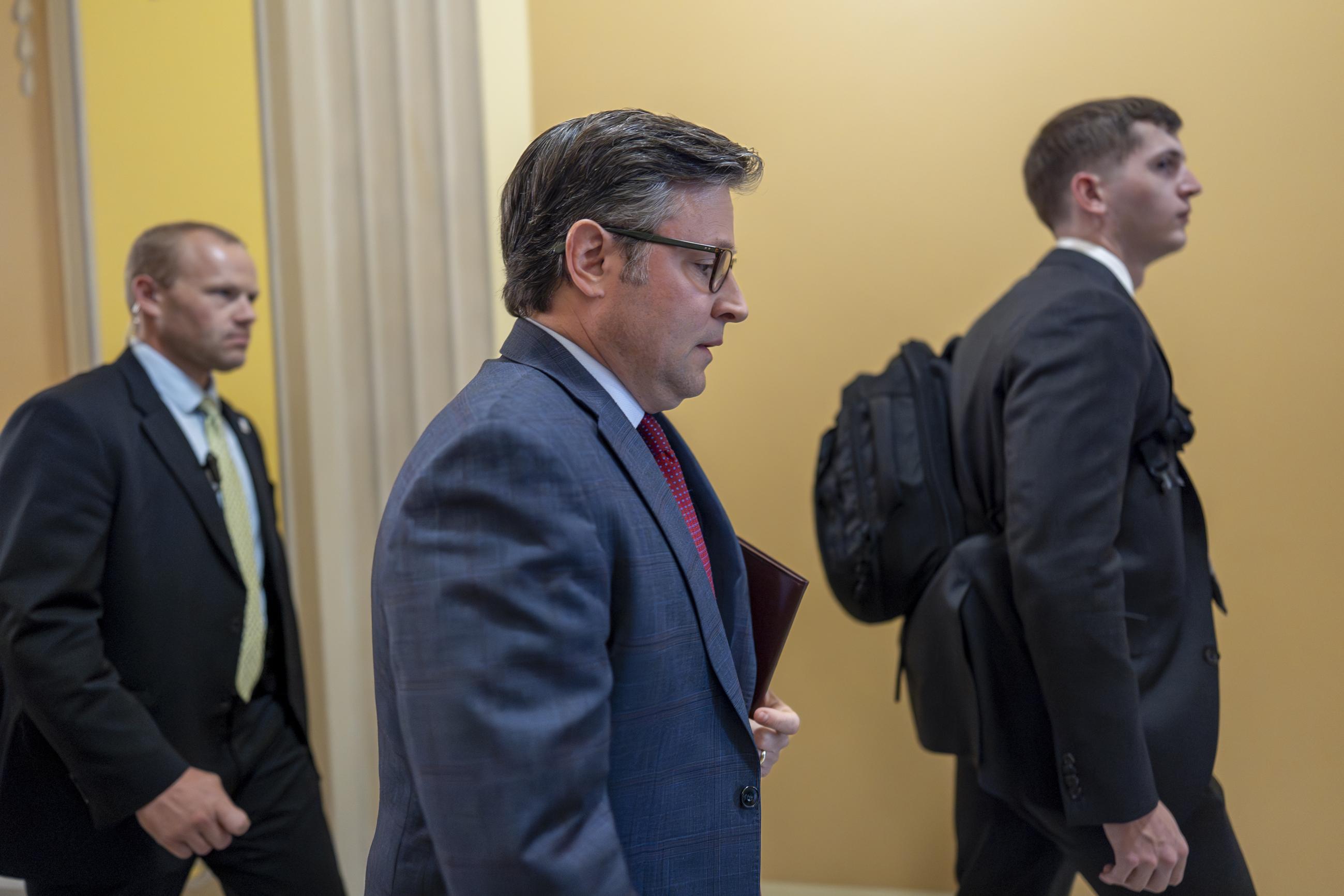 House Speaker Mike Johnson arrives for a closed-door meeting with victims in the Jeffrey Epstein sex-trafficking case on Tuesday. (AP Photo/J. Scott Applewhite)