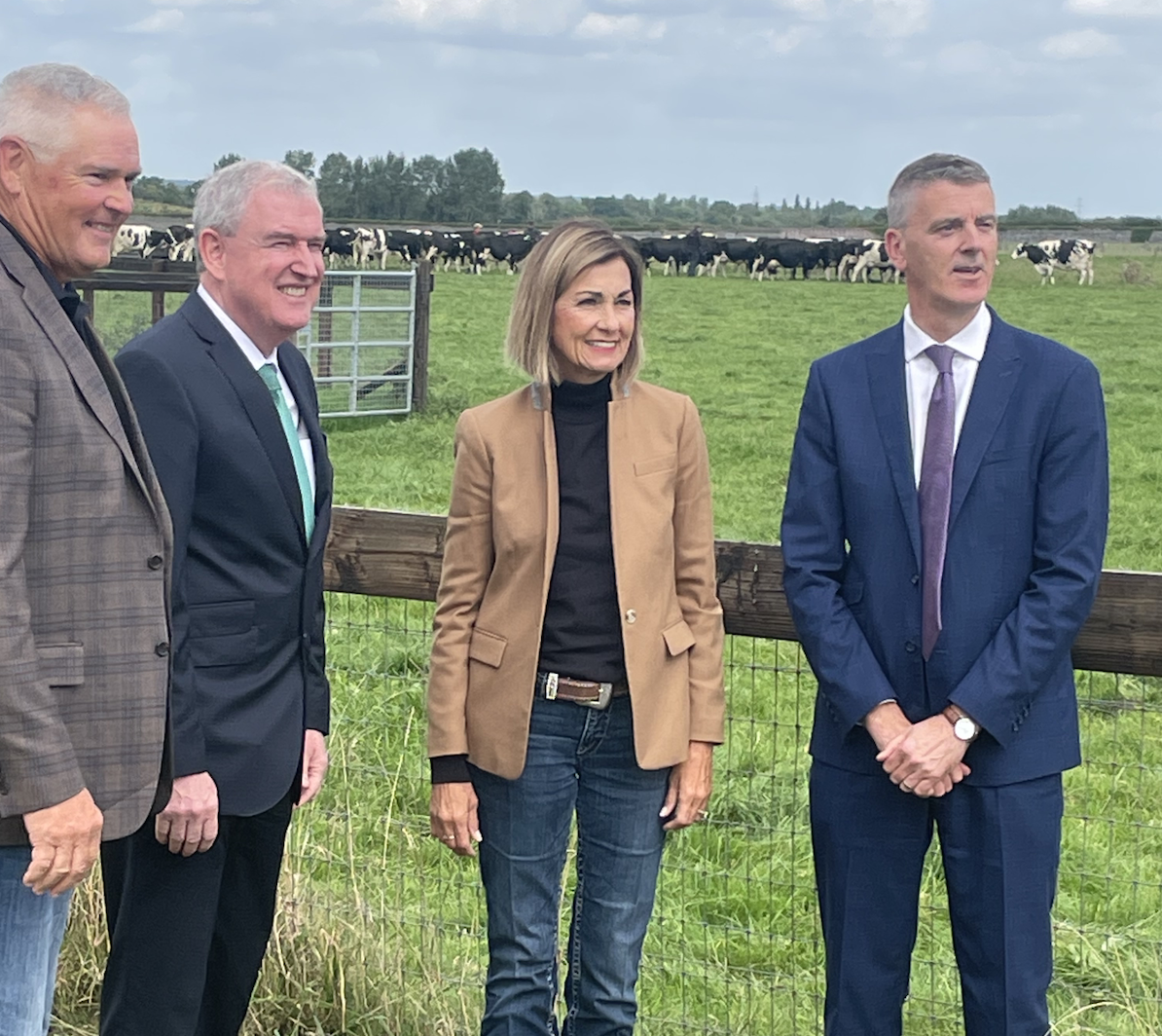 From left: Kevin Reynolds, Iowa’s first gentleman; Kevin Sherry, executive director of Enterprise Ireland; Iowa Gov. Kim Reynolds; and Rory Breathnach, dean of veterinary medicine at University College Dublin, visit the Lyons Dairy Calf Education and Research Facility at the university. (National Journal/Jerry Hagstrom)
