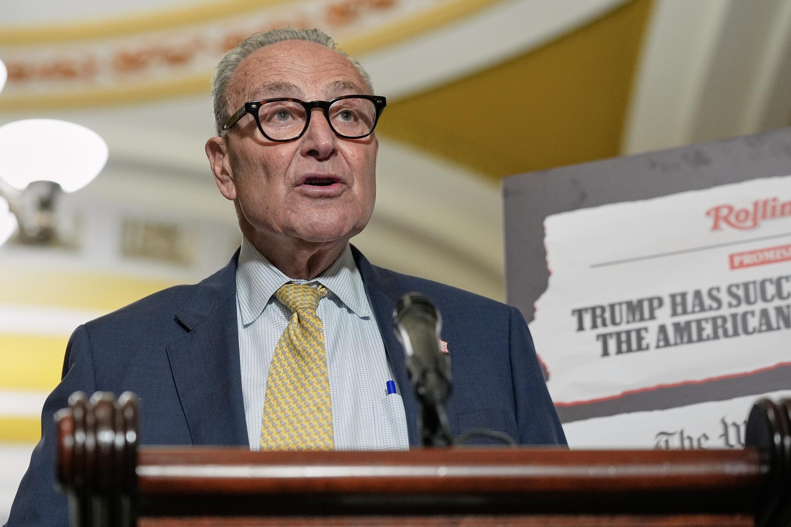 Senate Minority Leader Chuck Schumer of N.Y., speaks during a news conference after a policy luncheon at the Capitol, Tuesday, Sept. 9, 2025, in Washington. (AP Photo/Mariam Zuhaib)